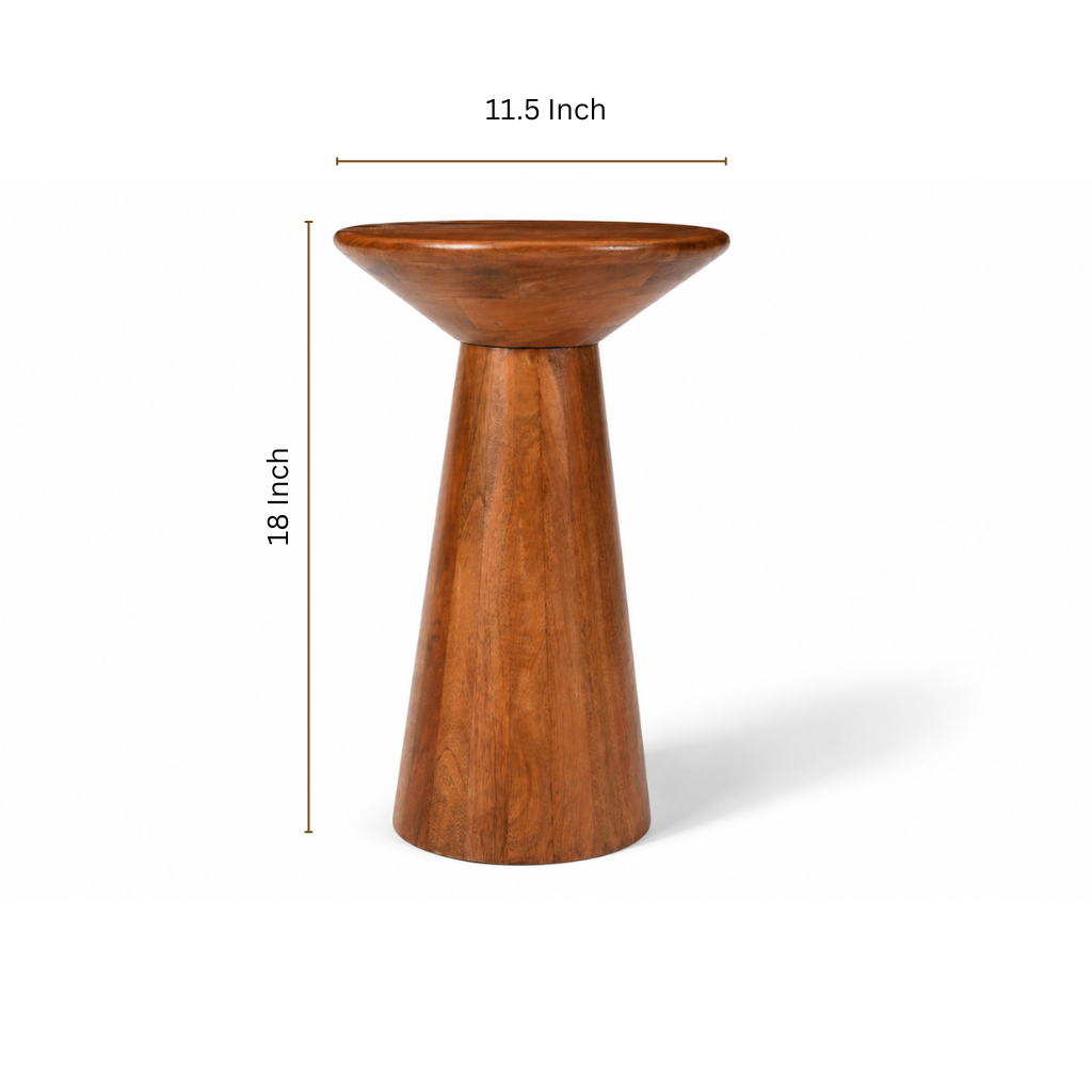 Calyx wooden accent table with 18 inch height and 11.5 inch diameter dimensions