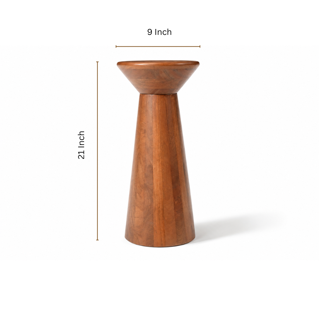 Calyx wooden accent table with 21 inch height and 9 inch diameter dimensions