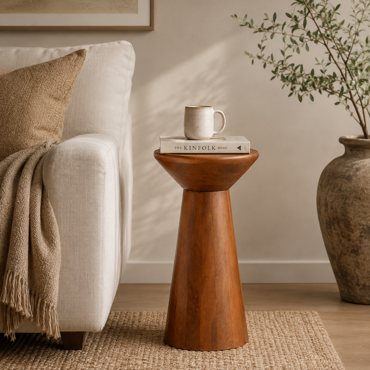 Calyx wooden accent table styled with decor beside a cream armchair
