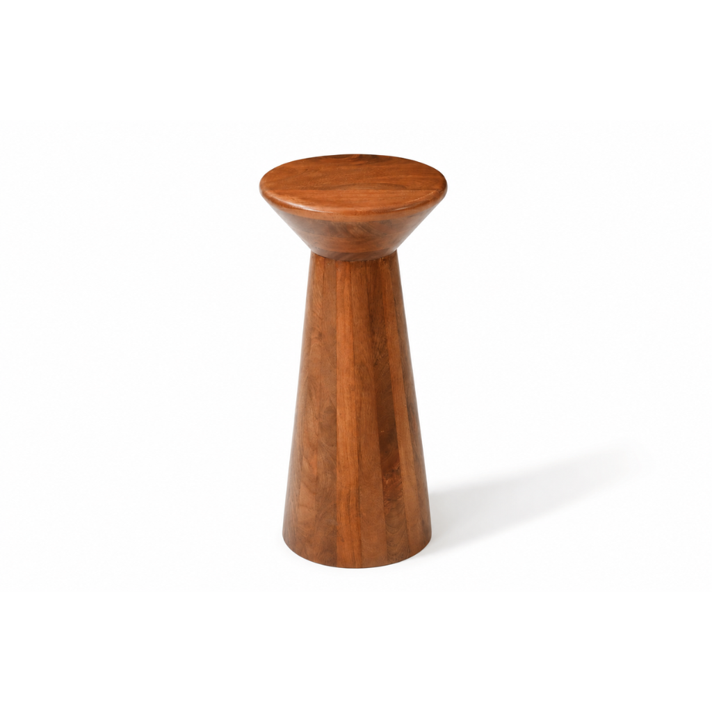 Close-up view of the round wooden tabletop of the Calyx accent table