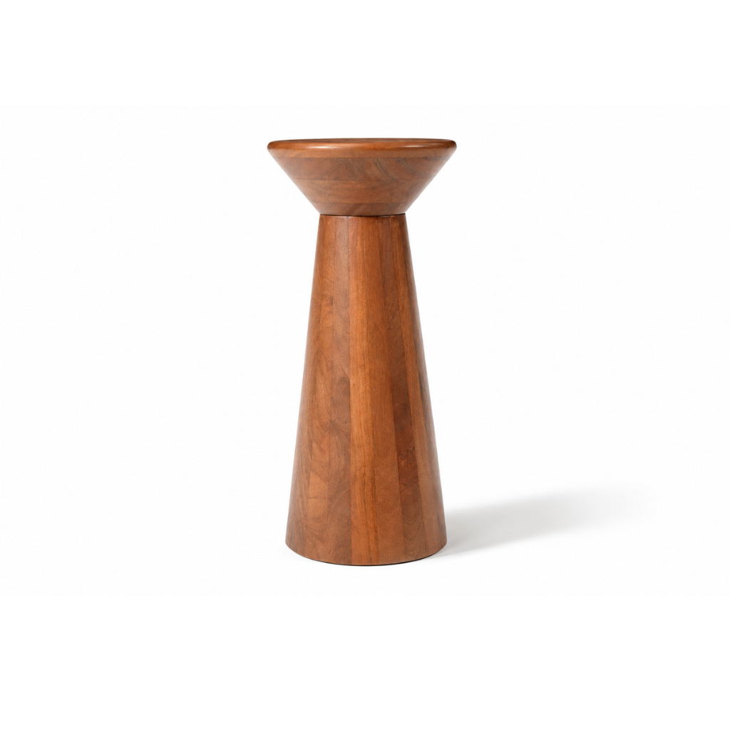 A mid-century modern wooden stool with a tapered cone base and a wide, flared top, crafted from wood with a warm medium-brown finish, shown on a white background.