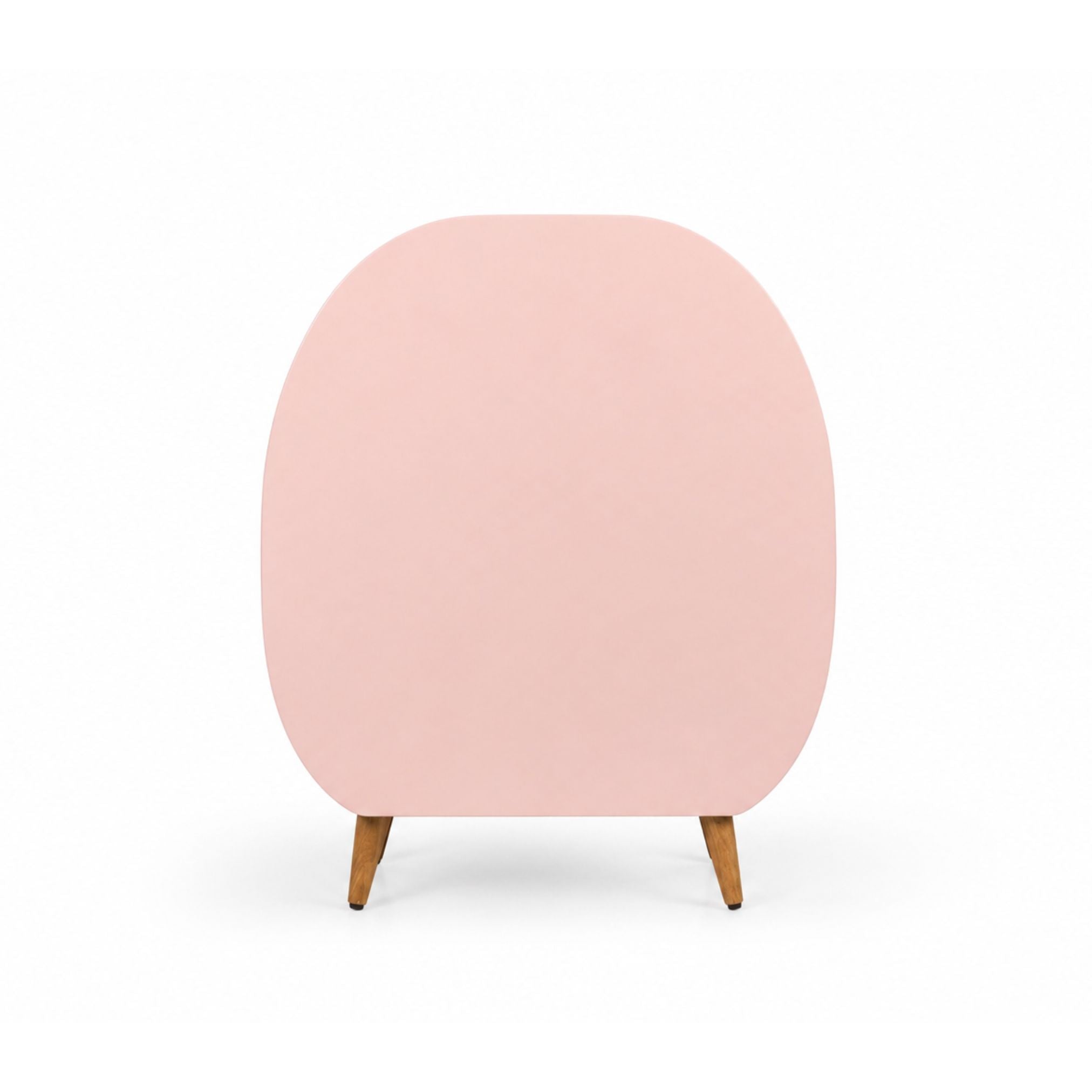 Back view of capsule wooden kids bookshelf in pastel pink finish with sturdy wooden legs