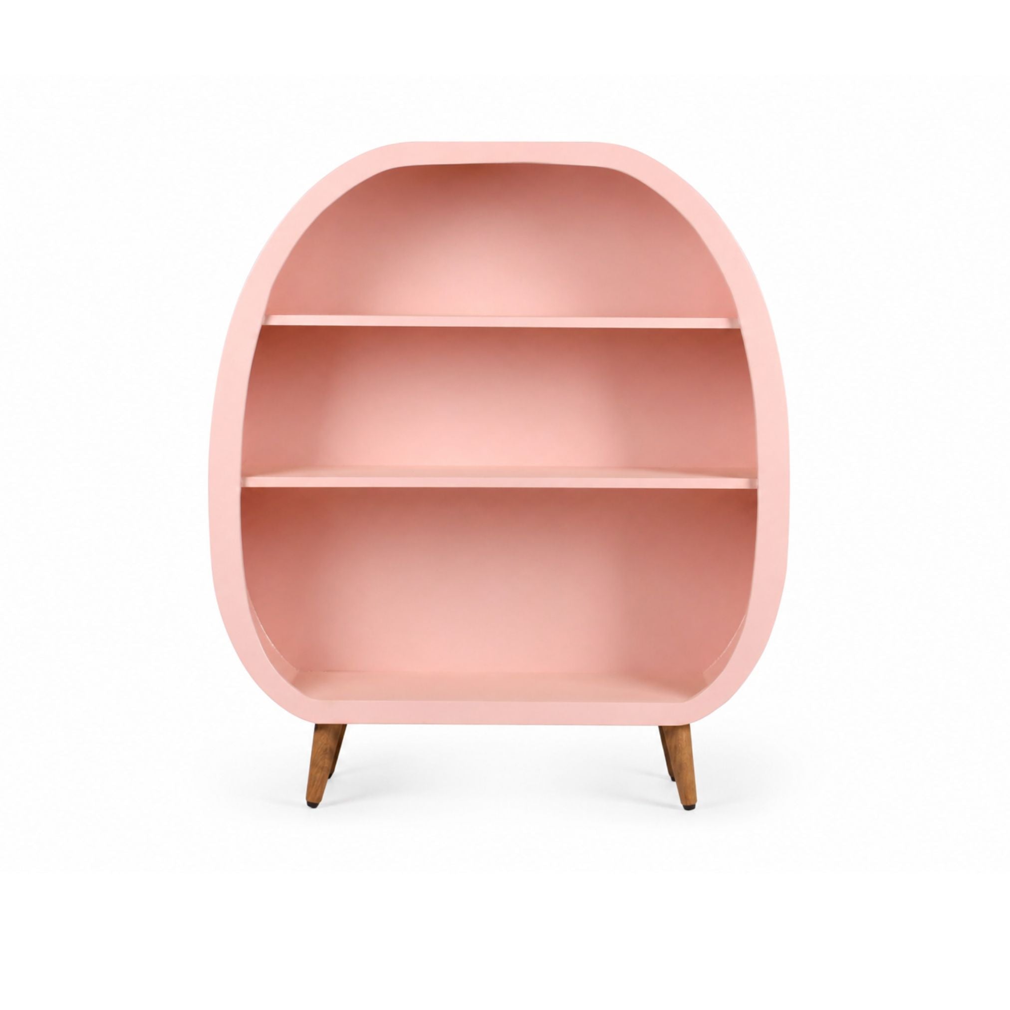 Front view of capsule wooden kids bookshelf in pastel pink with two shelves and rounded edges