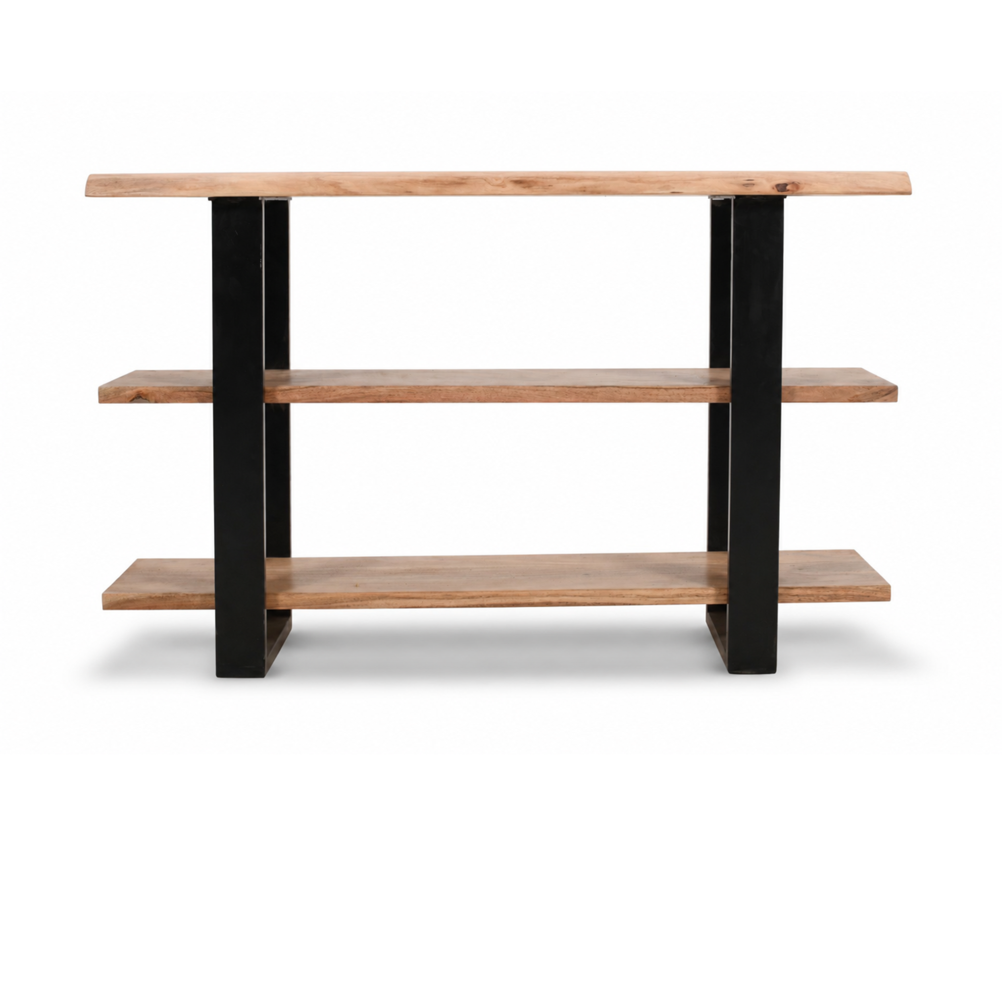 Cascade Console Table with live edge acacia wood shelves and black metal legs front view on white background