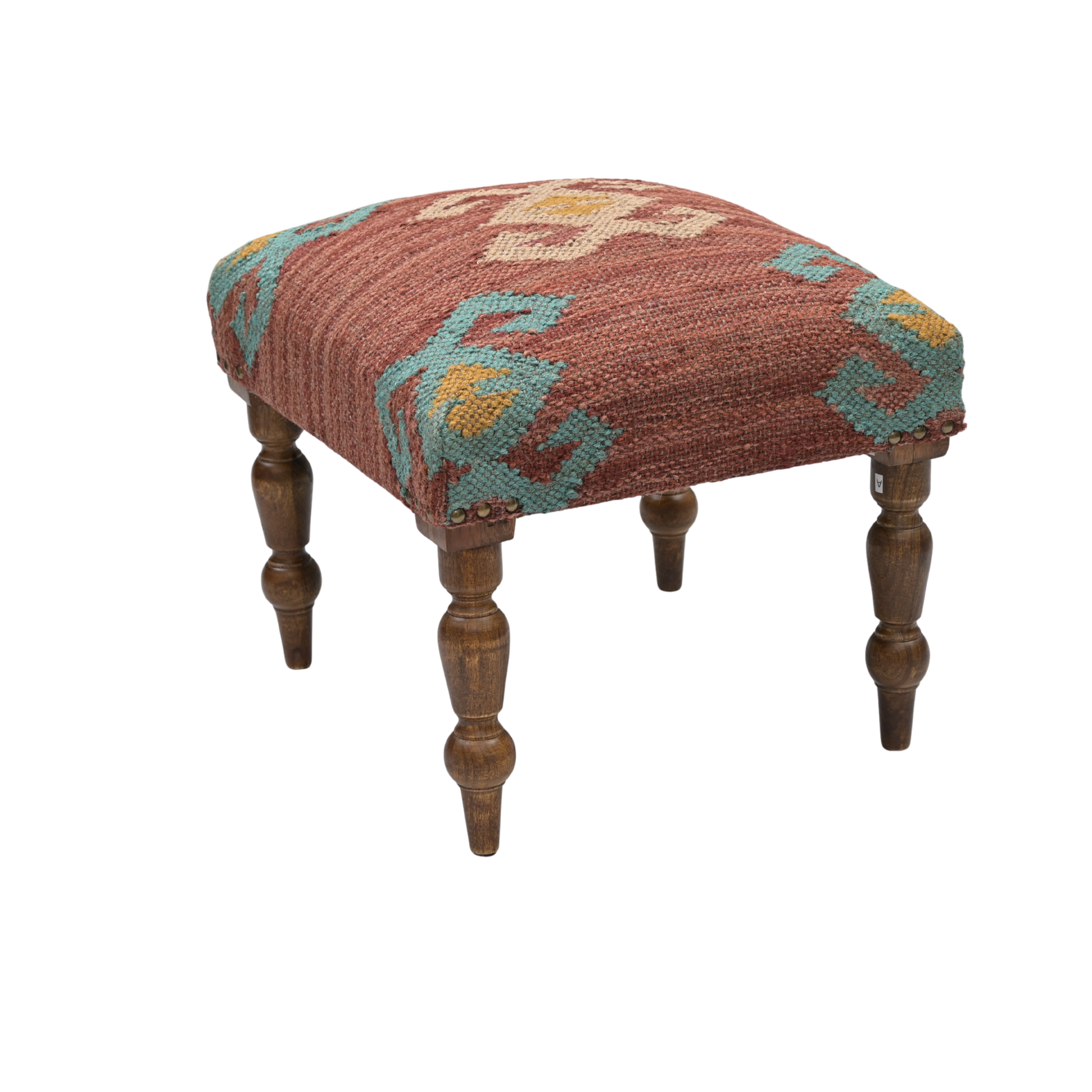 Angled view of Cinder handcrafted kilim upholstered wooden stool featuring handwoven kilim fabric upholstery and solid wooden turned legs