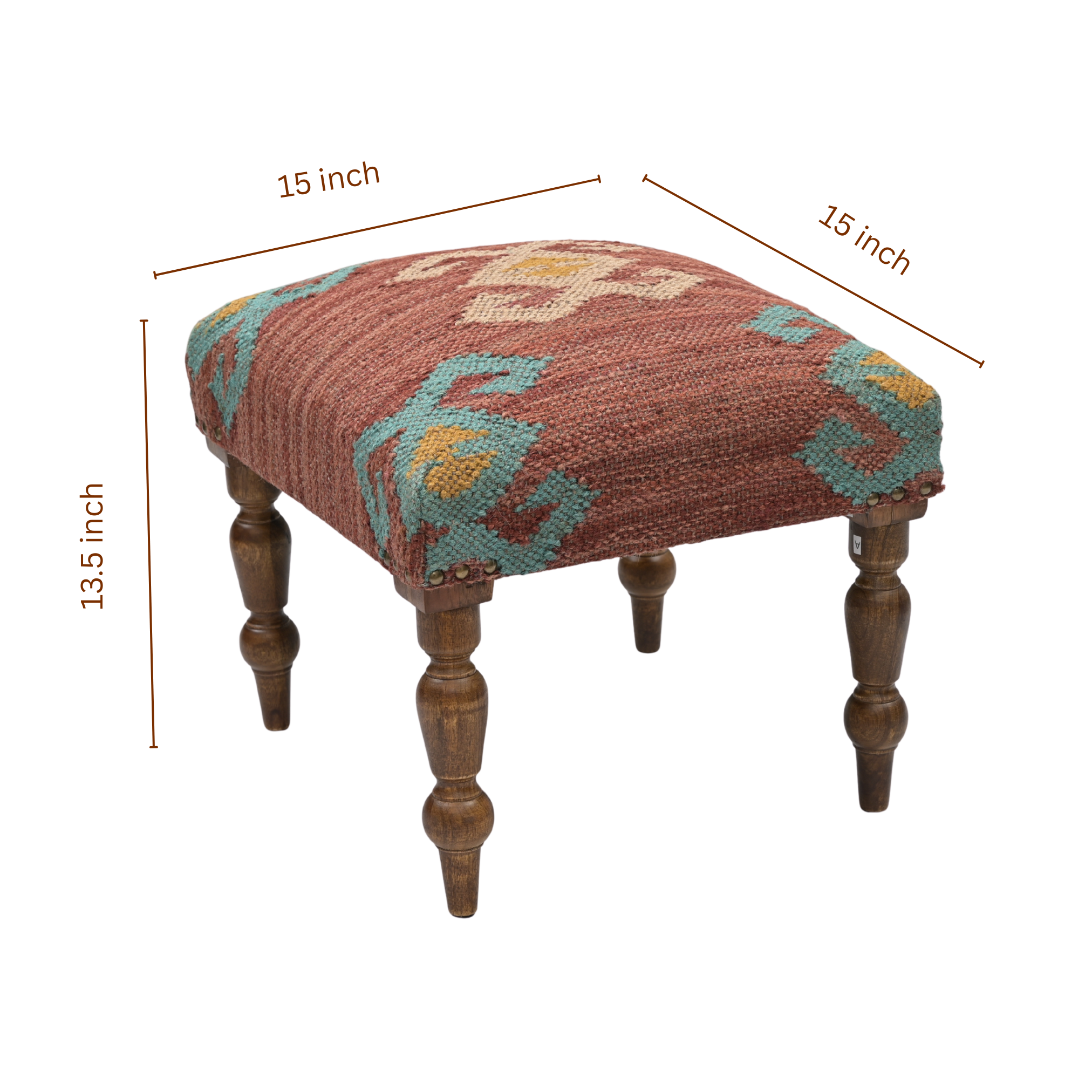 Dimension image of Cinder handcrafted kilim upholstered wooden stool measuring 15 inch width, 15 inch depth, and 13.5 inch height
