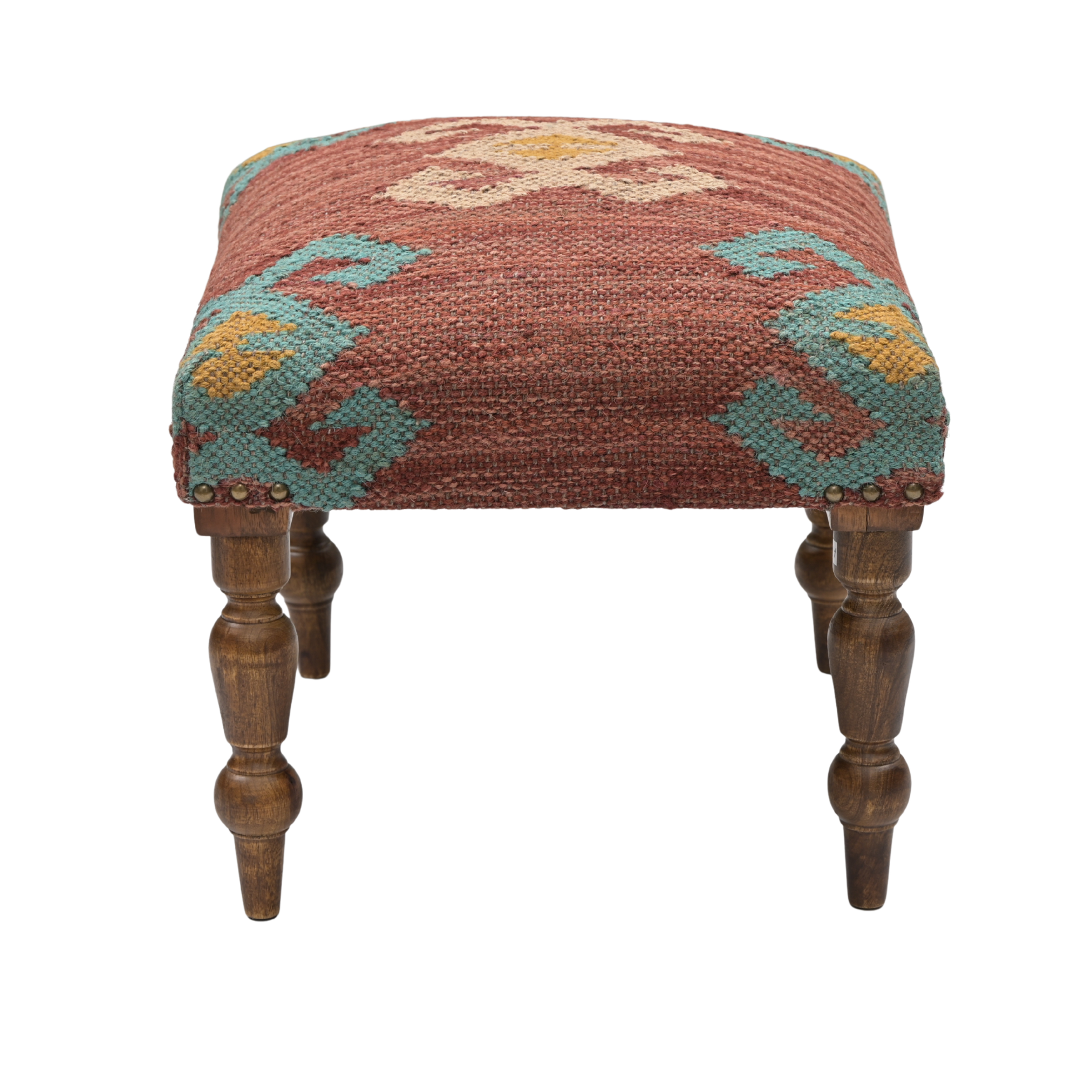 Front view of Cinder handcrafted kilim upholstered wooden stool with turned wooden legs and Southwestern woven pattern in rust, turquoise, and mustard tones