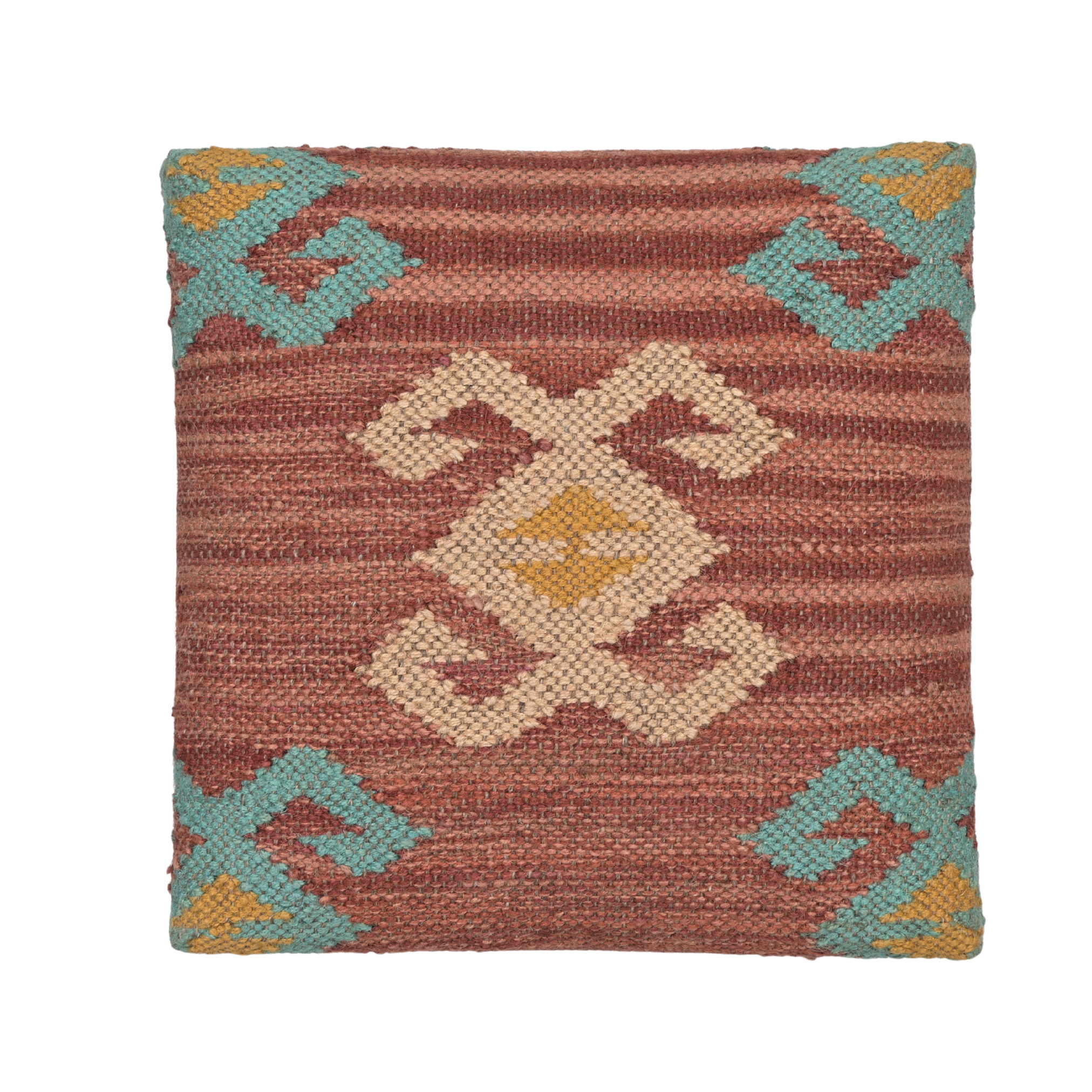 Top view of Cinder handcrafted kilim upholstered wooden stool showcasing geometric tribal kilim pattern in earthy rust and turquoise shades