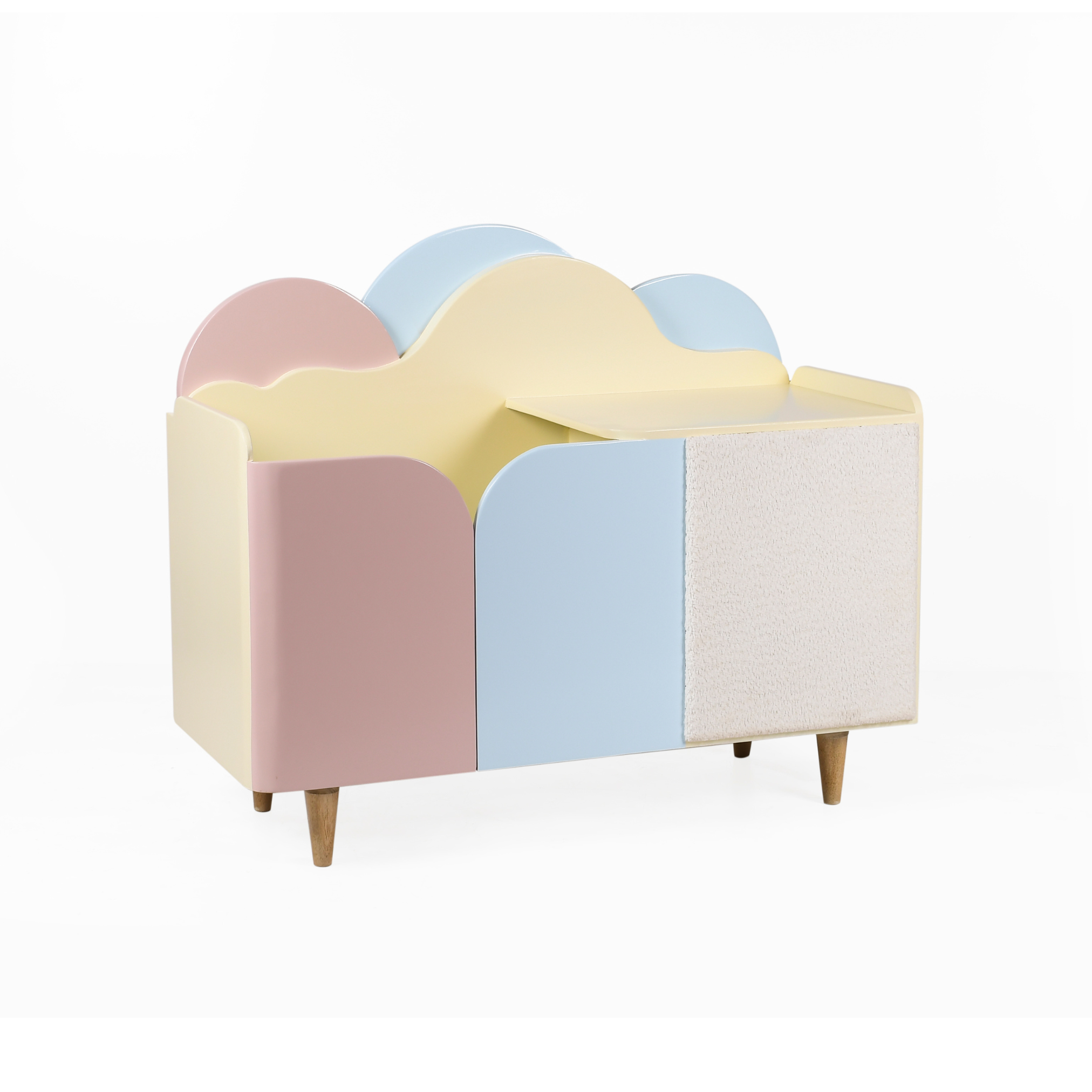 Angled view of Cloud Wooden Kids Storage Unit with pastel cloud design