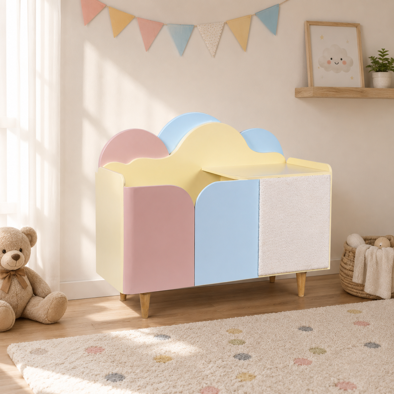 Cloud Wooden Kids Storage Unit placed in a modern pastel themed kids room