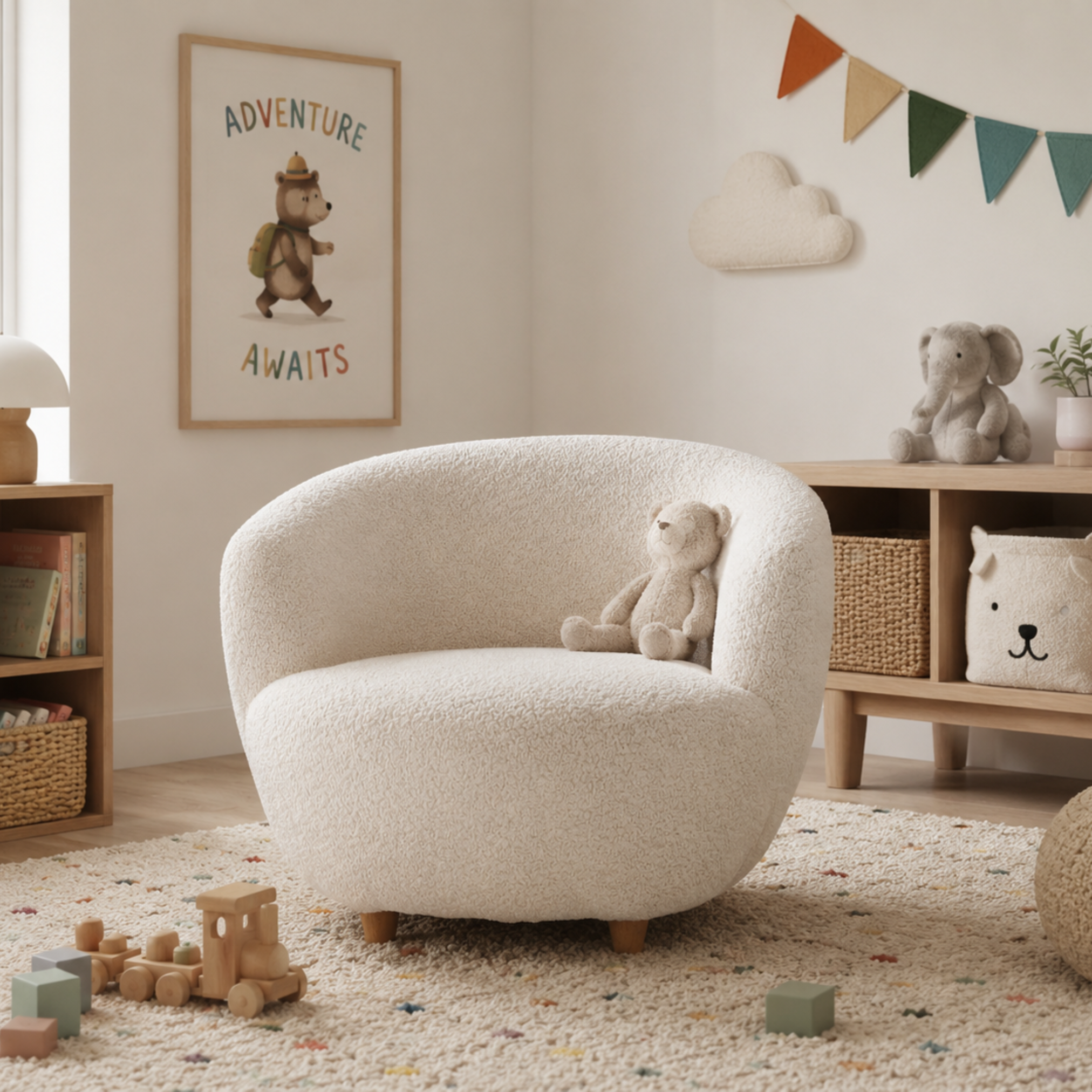 Cocoon upholstered kids lounge chair in cream placed in a cozy playroom with soft toys and wooden decor