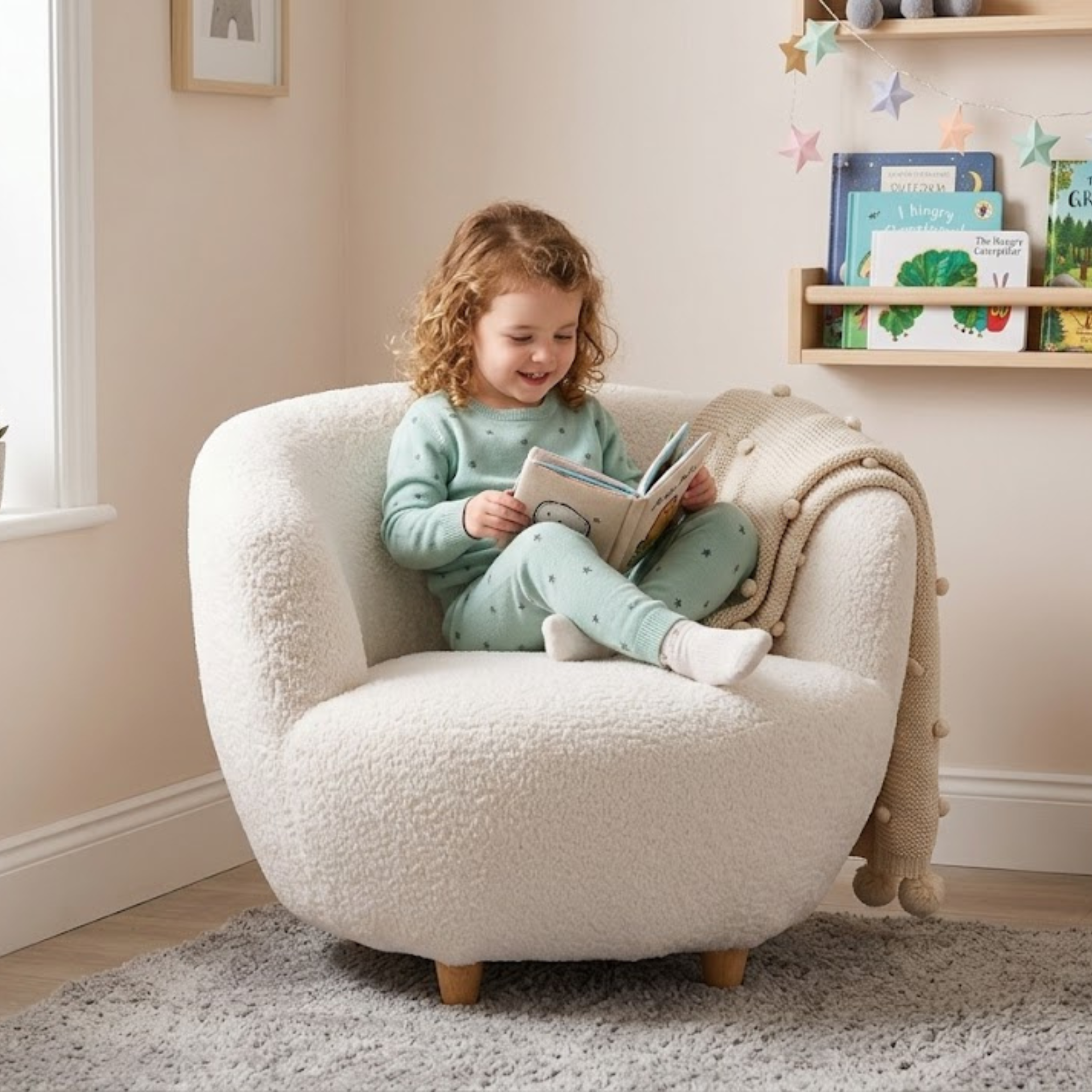 Child reading on Cocoon upholstered kids lounge chair in cream boucle fabric