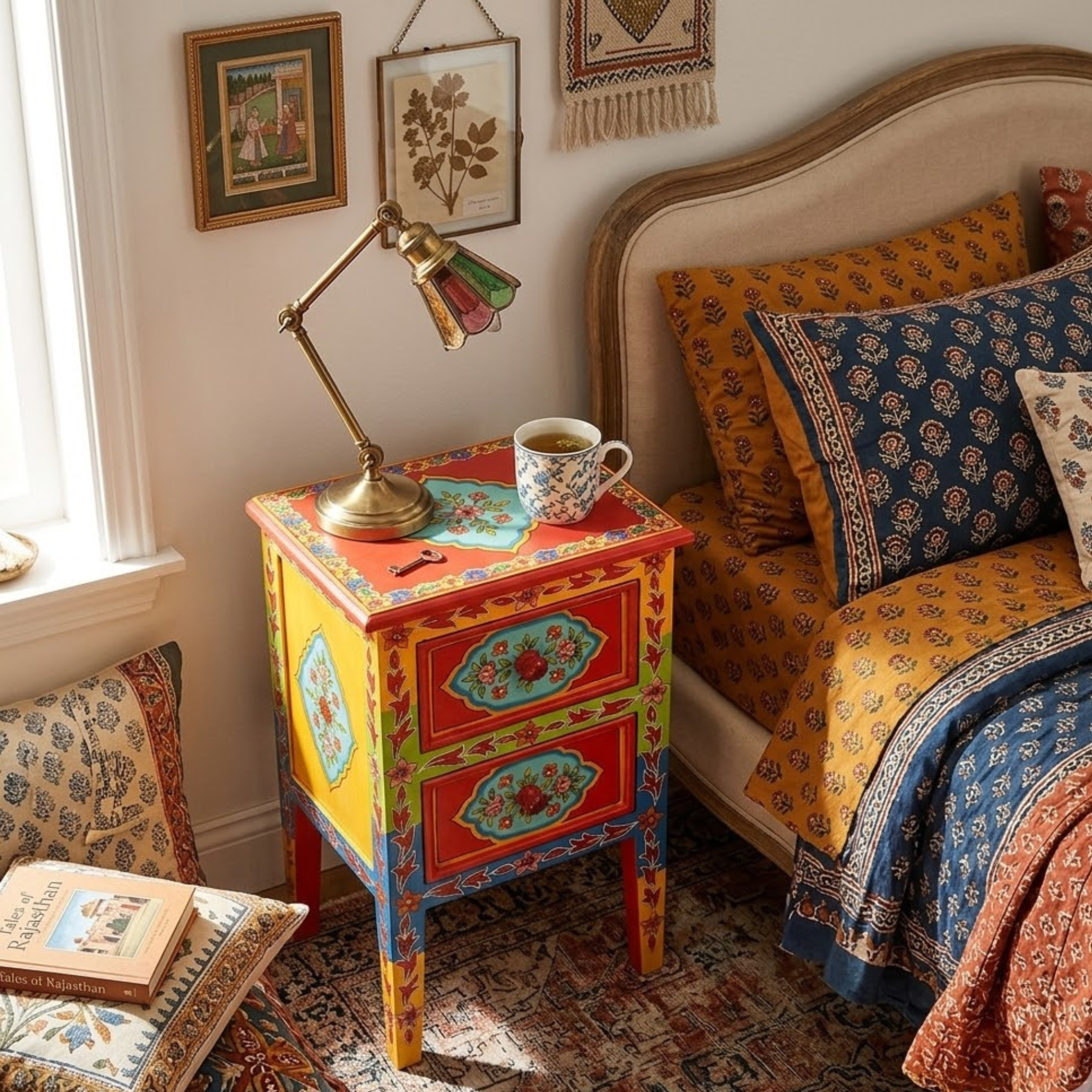 Coral Bloom Bedside Table placed beside a bed with decorative accessories in a contemporary living room setting.