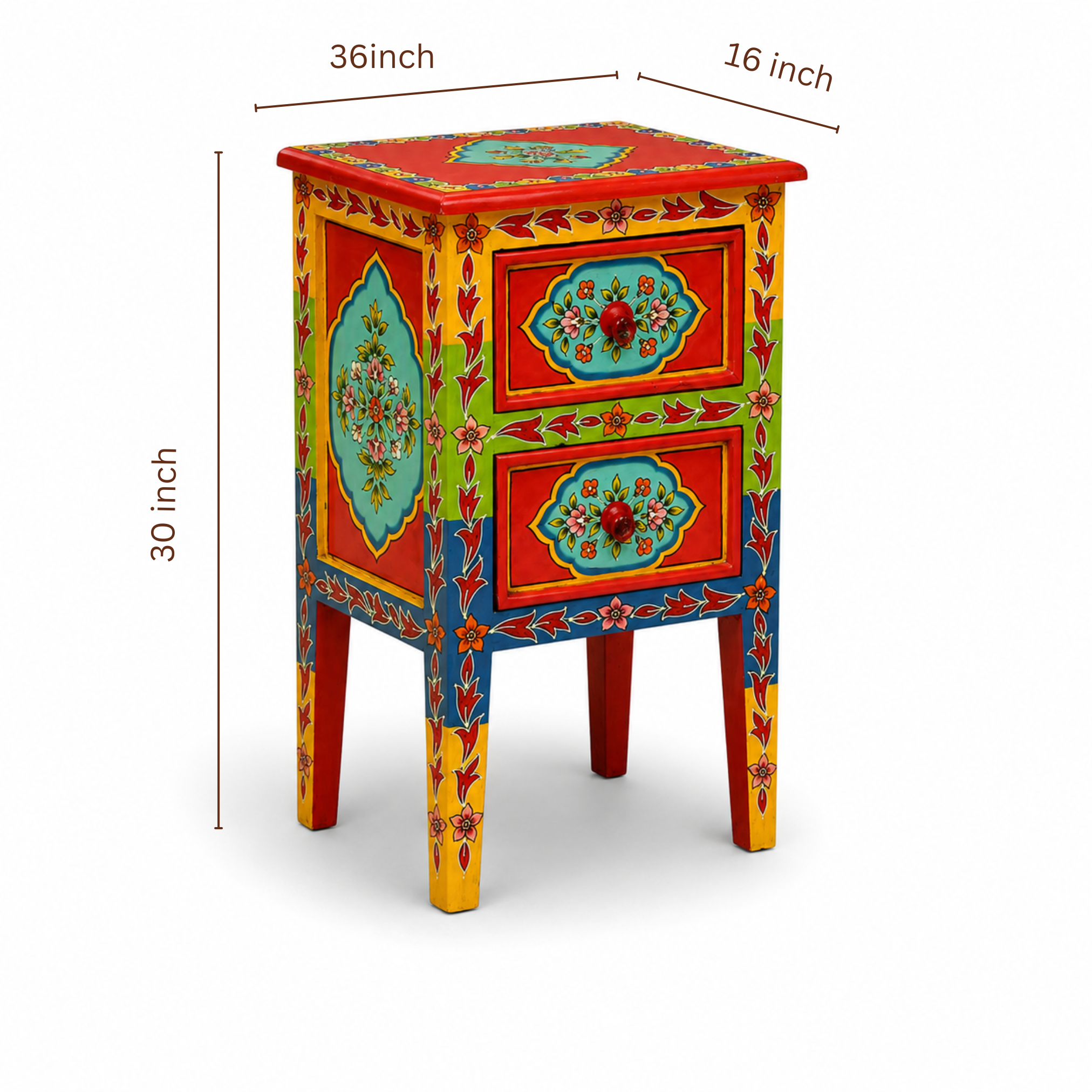 Coral Bloom Bedside Table dimensions showing 18 inch width, 12 inch depth, and 30 inch height hand-painted wooden bedside table.