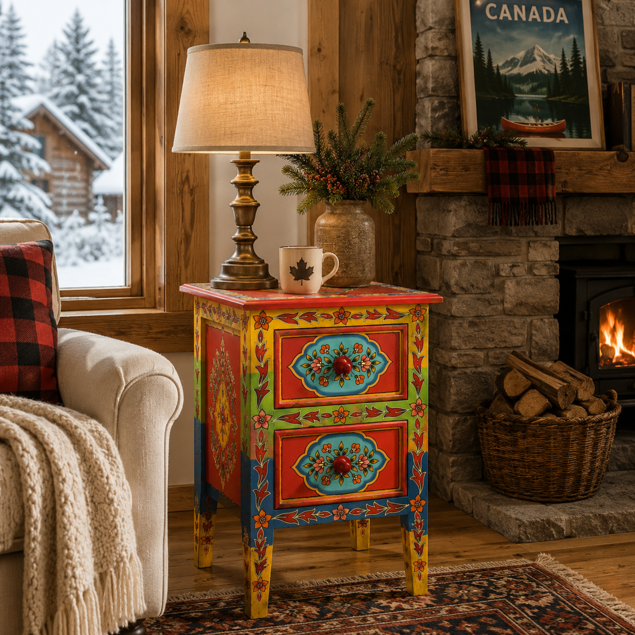 Colorful side table with floral patterns in a cozy living room with fireplace and window view.