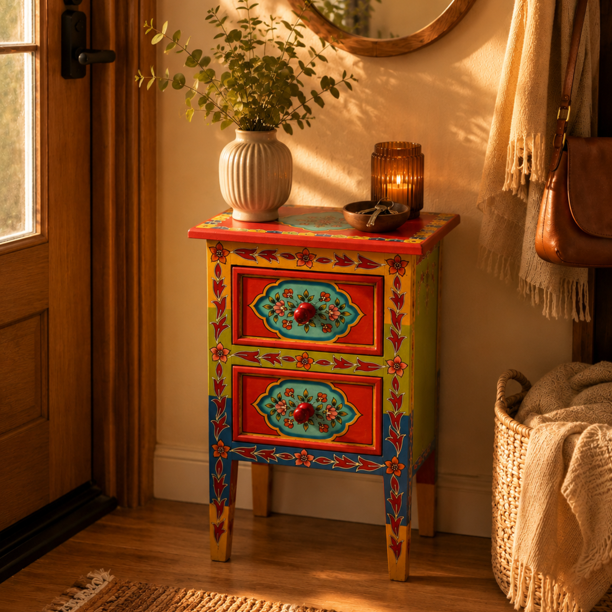 Coral Bloom Bedside Table with open drawers placed in an entryway, offering decorative storage and handcrafted charm.