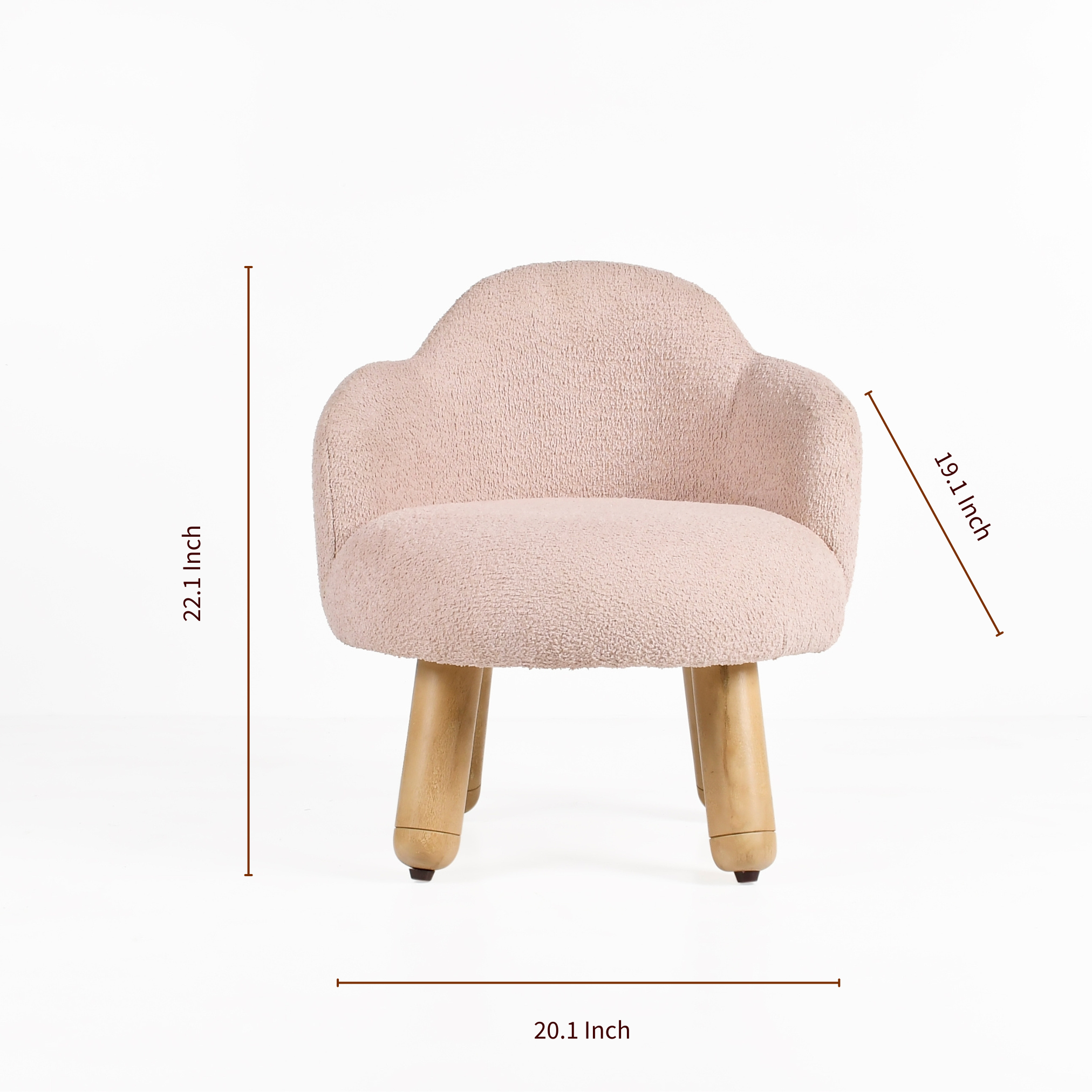 Dimensions of Cove upholstered kids lounge chair in pink showing height width and depth in inches