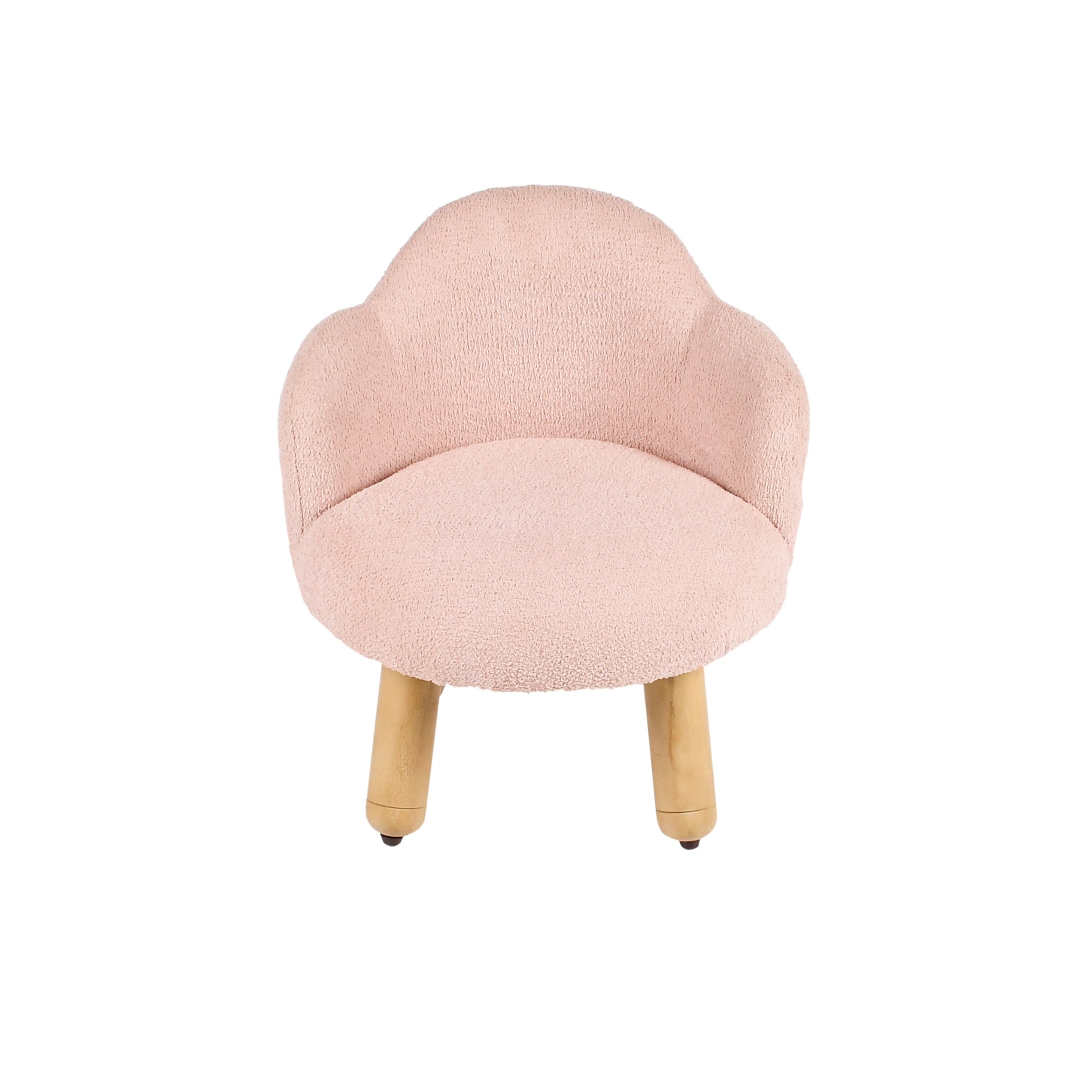Angled view of pink kids lounge chair with rounded backrest and wooden legs
