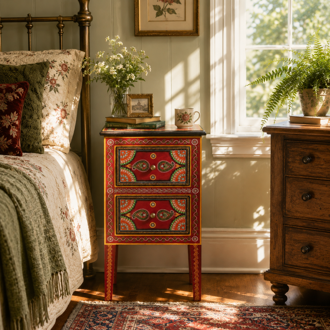 Crimson Paisley Side Table styled beside a bed, showcasing vibrant hand-painted paisley motifs and artisan craftsmanship.