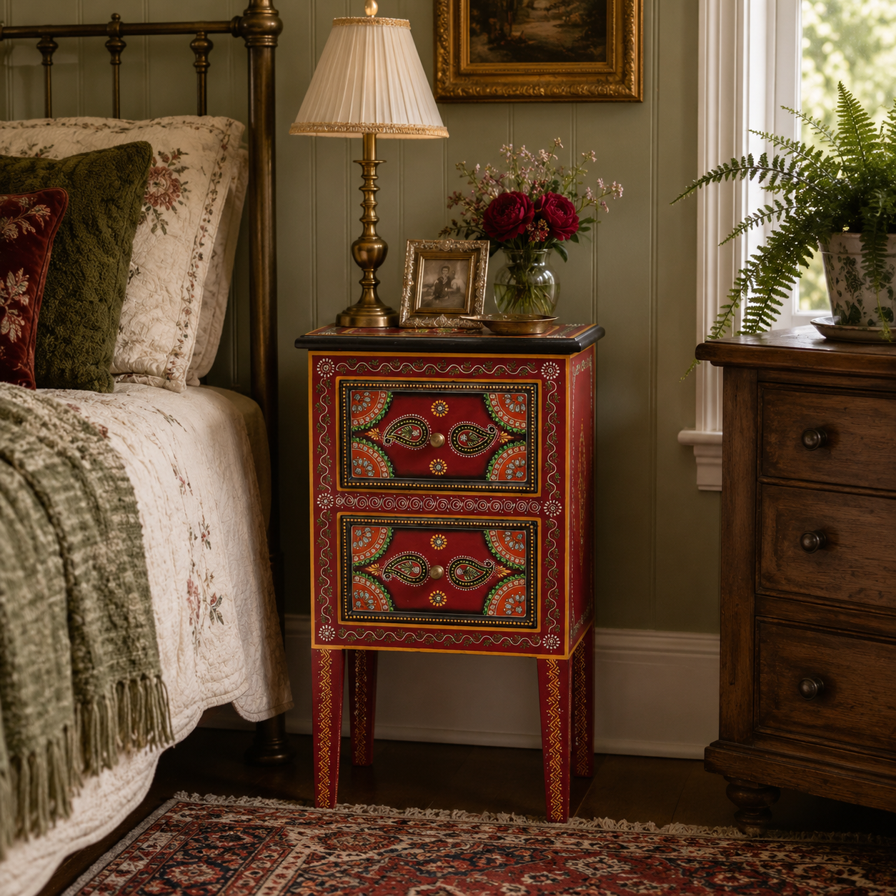Crimson Paisley Side Table styled with lamp and floral décor, perfect for bedroom bedside storage.