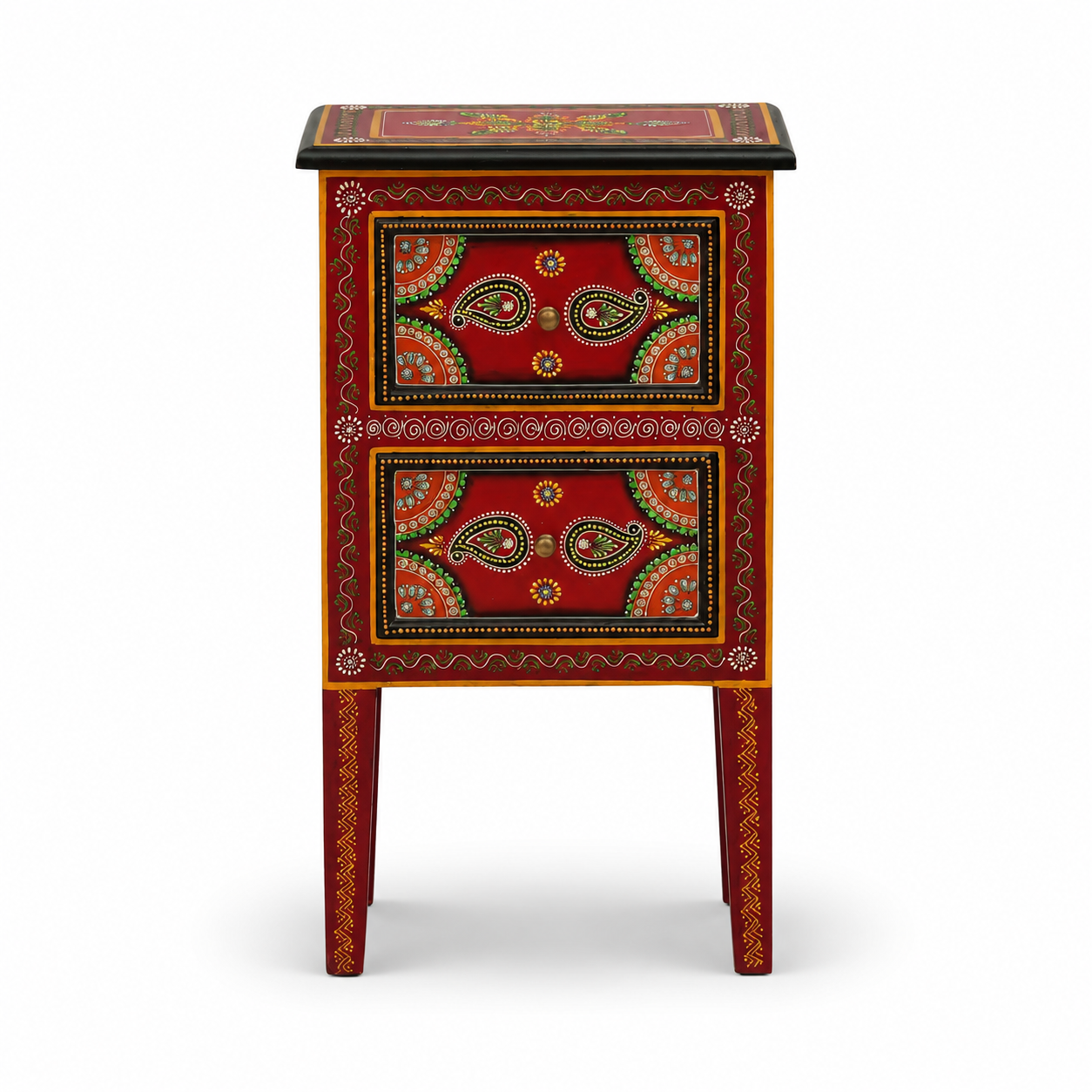 Front view of Crimson Paisley Side Table featuring two decorative drawers with traditional paisley artwork and hand-painted wooden craftsmanship.