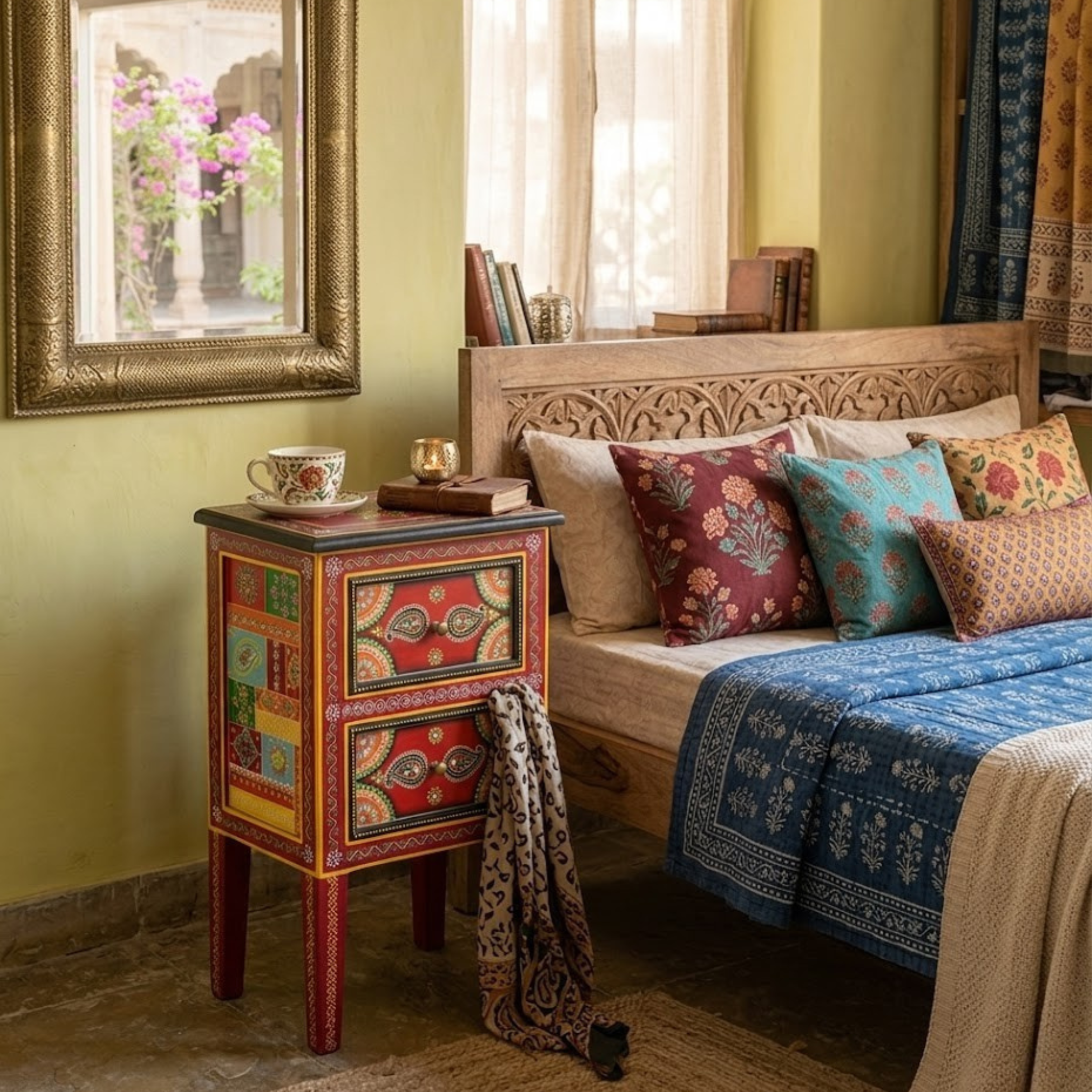 Hand-painted Crimson Paisley Side Table adding colorful heritage charm to a traditional bedroom interior.