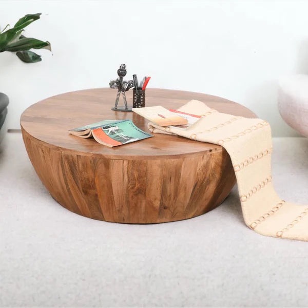 drum shape wooden coffee table with slatted base handcrafted design