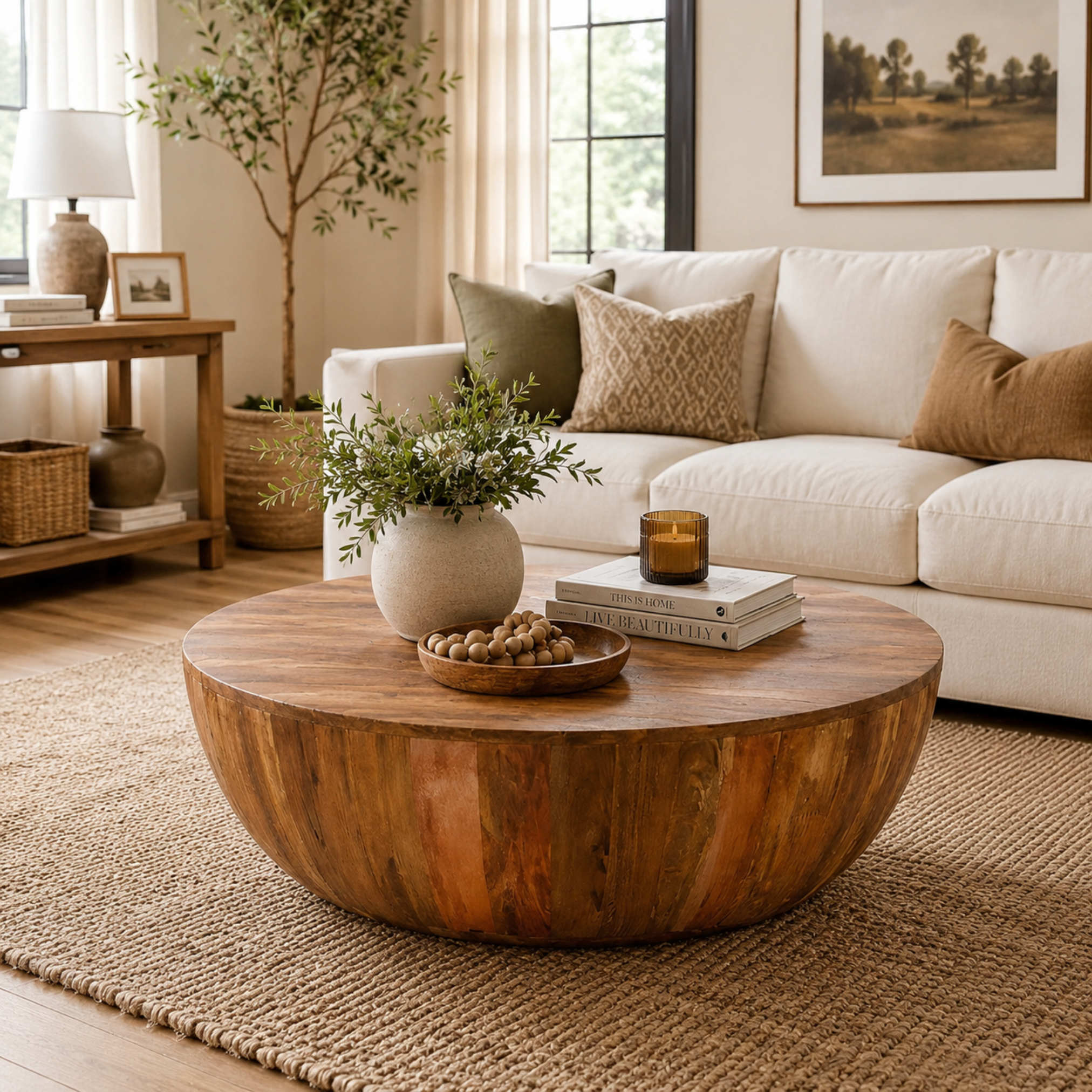 Drumroll mango wood round coffee table in a warm boho-inspired living room with natural textures