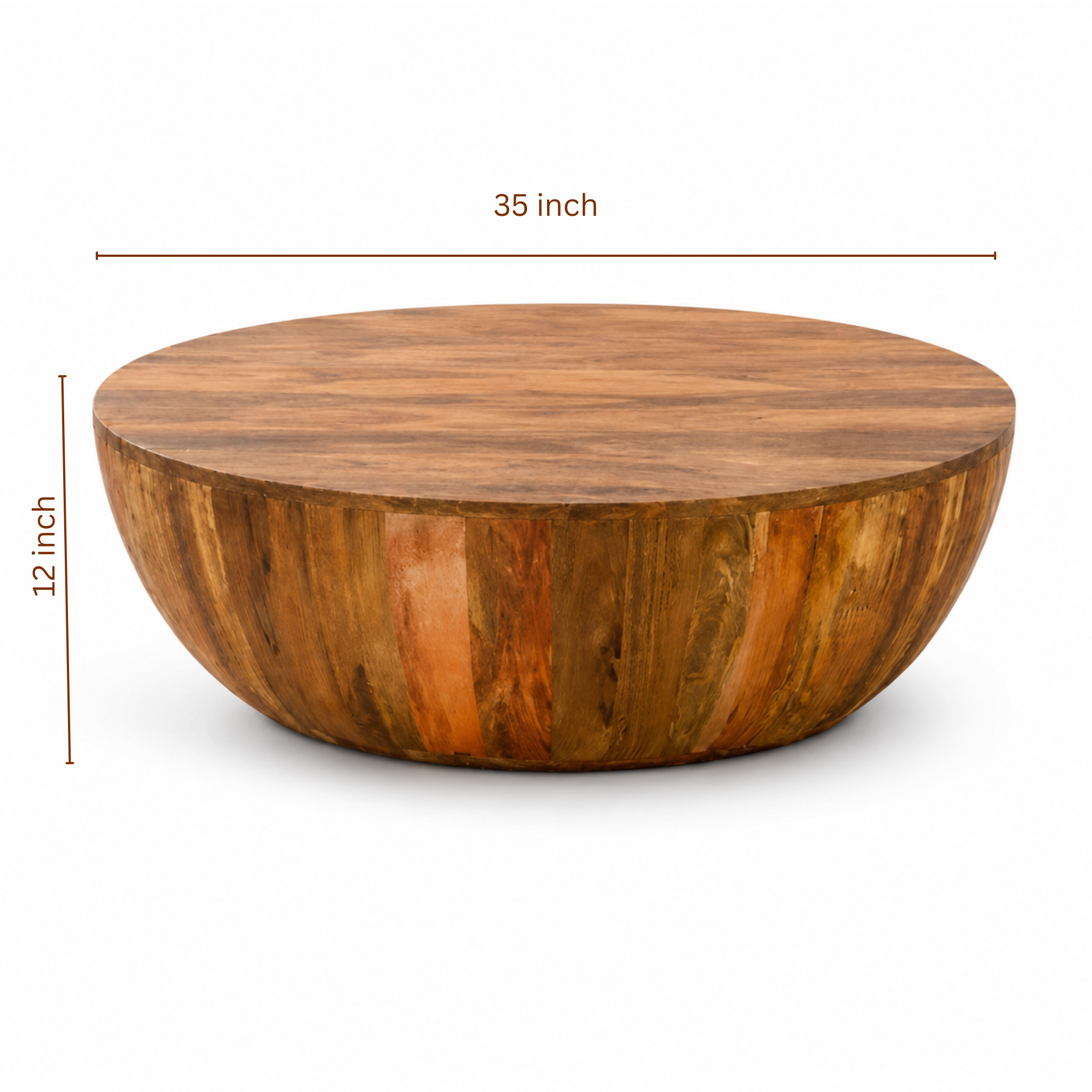 Dimension image of Drumroll round mango wood coffee table measuring 35 x 35 x 12 inches