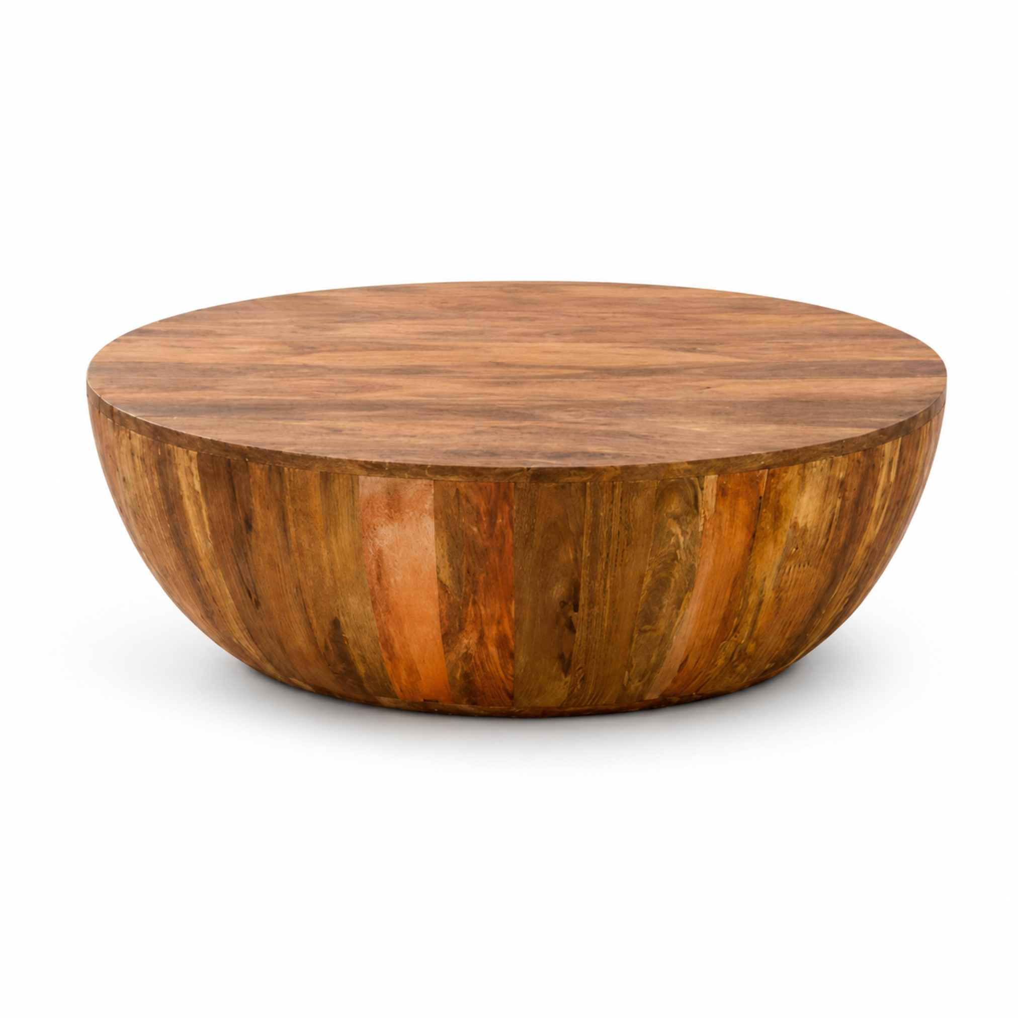 Front view of Drumroll round mango wood coffee table