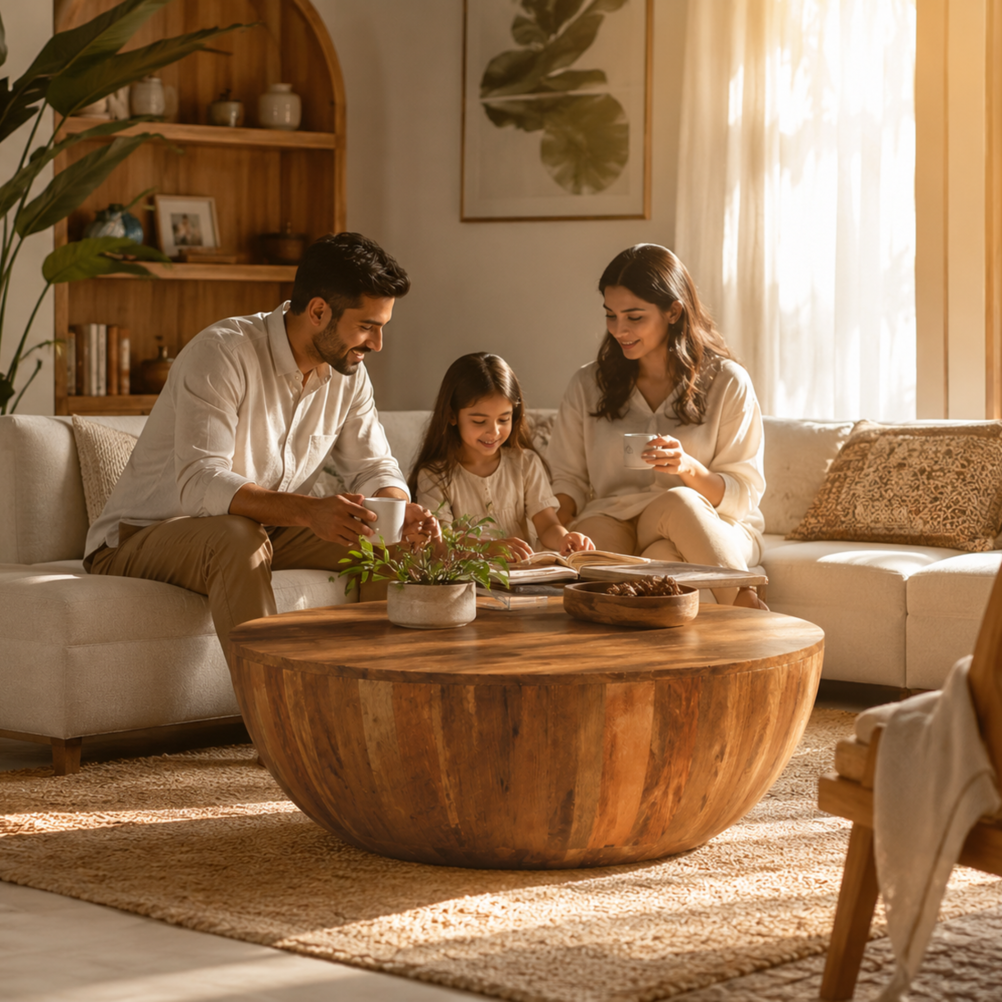 Drumroll round mango wood coffee table styled in a modern neutral living room with cozy decor