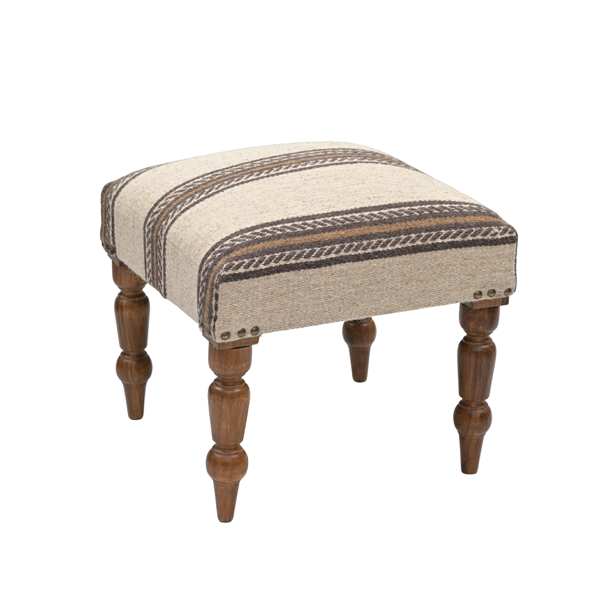 Angled view of Dune handcrafted striped upholstered wooden stool with earthy striped woven upholstery and classic turned wooden legs