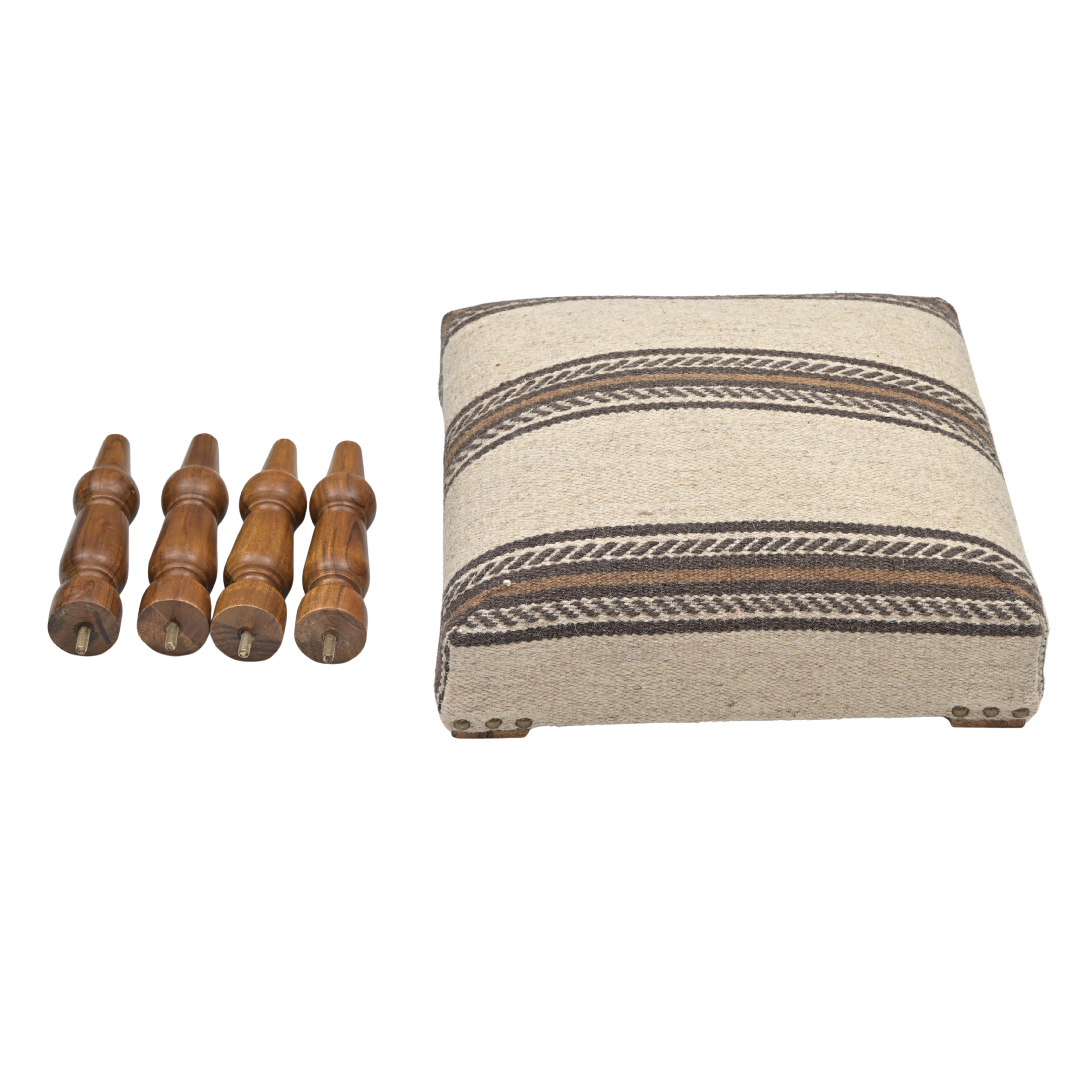 Dune handcrafted striped upholstered wooden stool displayed with detachable turned wooden legs beside the upholstered seat base