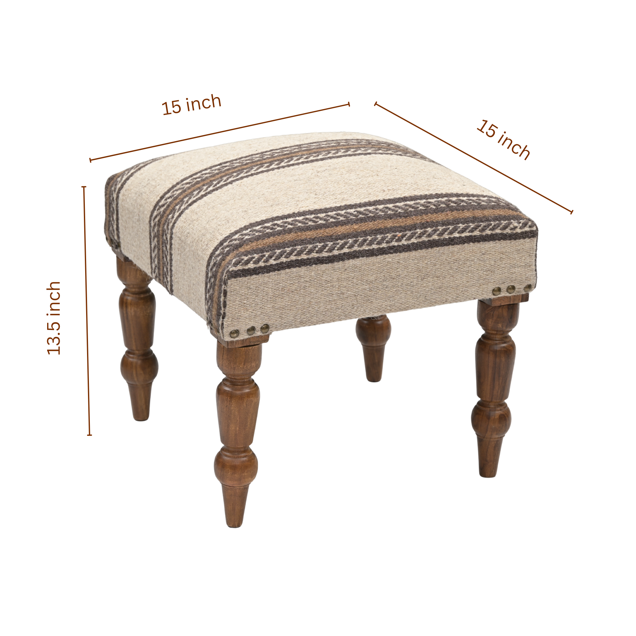 Dimension image of Dune handcrafted striped upholstered wooden stool measuring 15 inch width, 15 inch depth, and 13.5 inch height