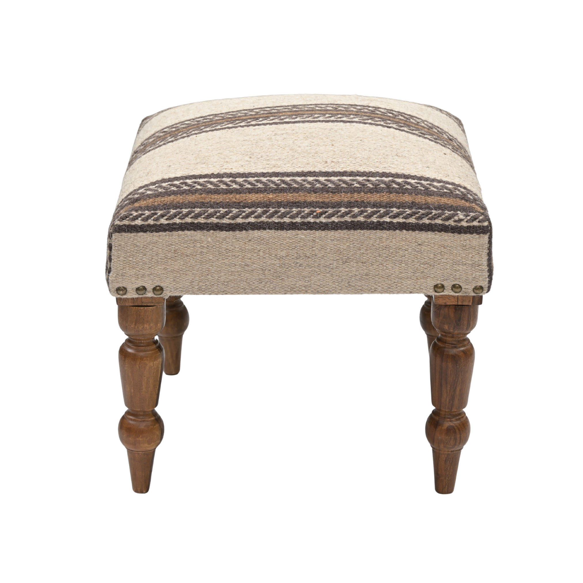 Front view of Dune handcrafted striped upholstered wooden stool featuring neutral woven fabric upholstery and turned solid wood legs