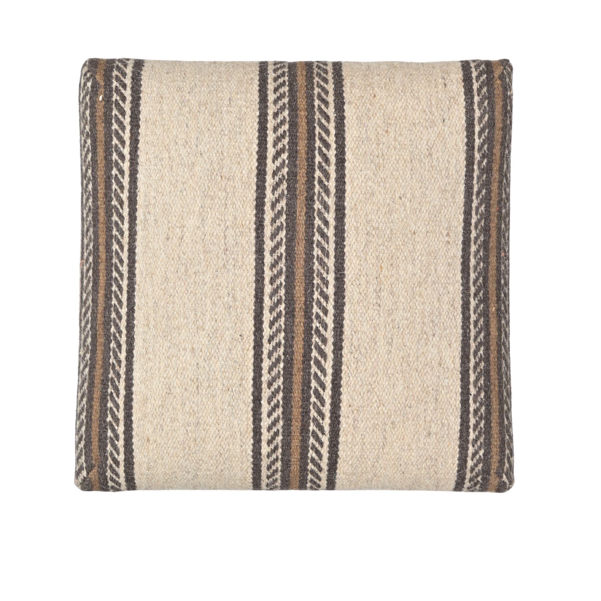 Top view of Dune handcrafted striped upholstered wooden stool showcasing beige woven upholstery with brown and charcoal stripe detailing