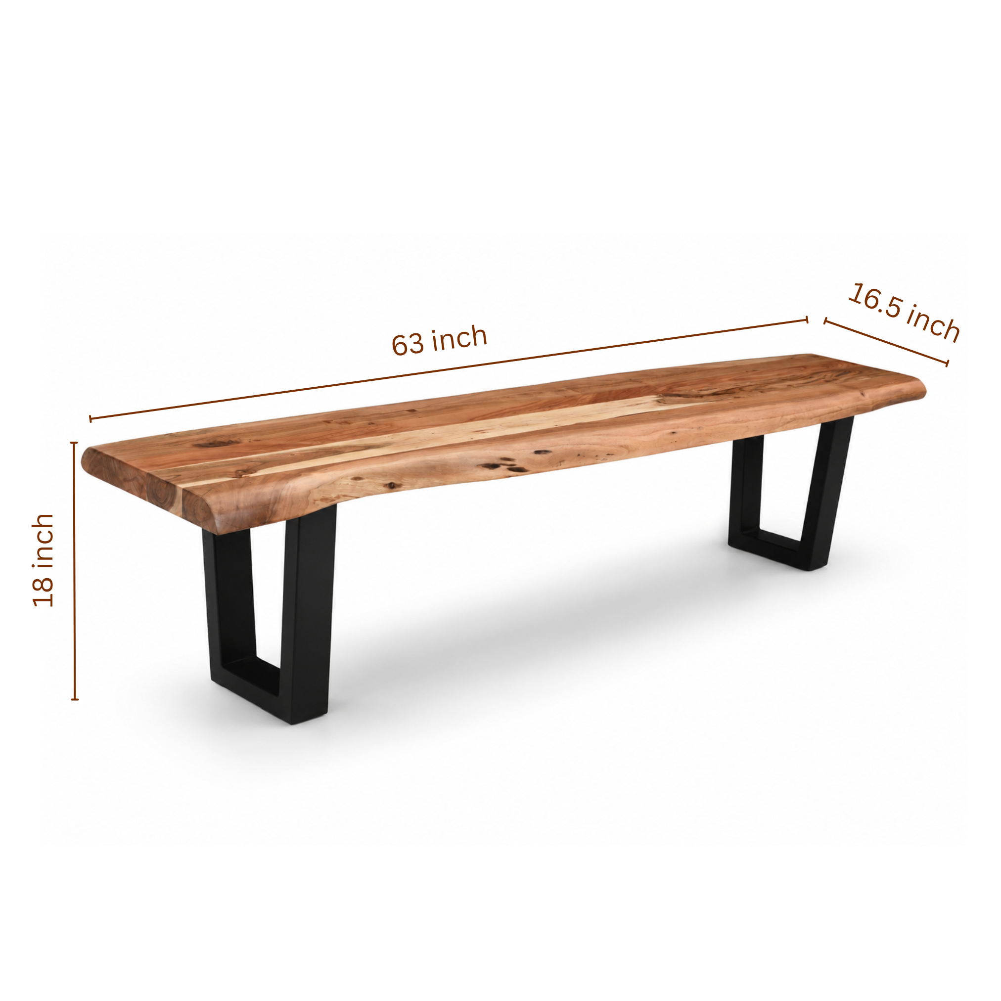 Dune live edge acacia bench dimensions 63 inch length 16.5 inch width and 18 inch height