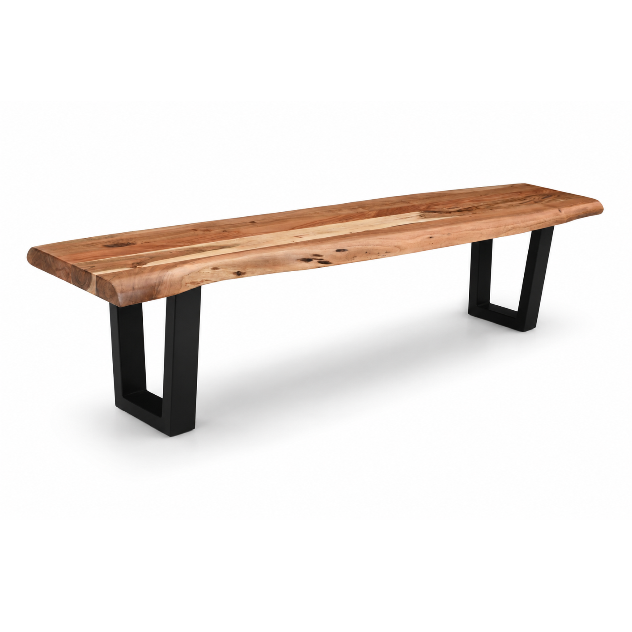 Angled view of Dune live edge acacia bench with black U-shaped metal legs in light brown finish