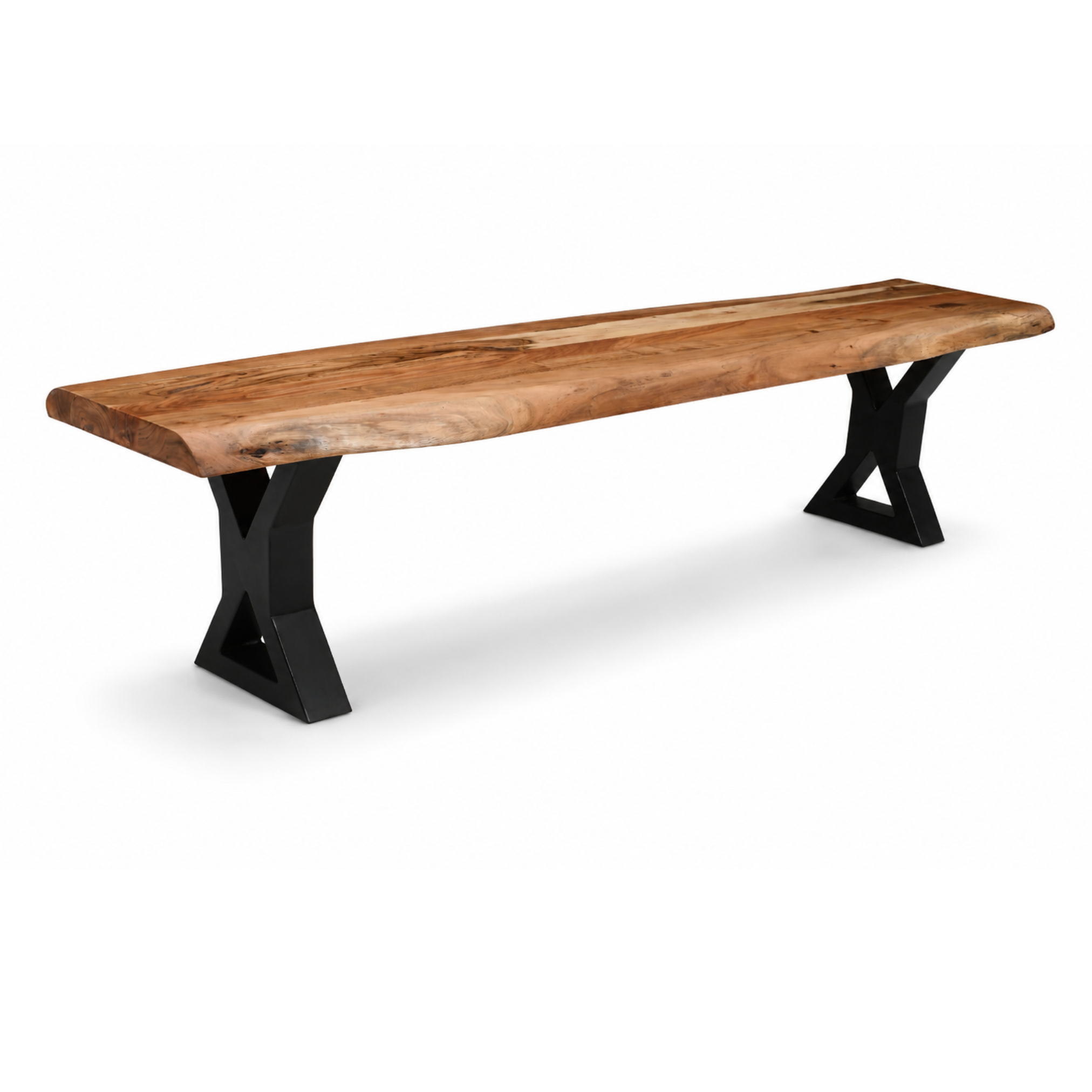 Angled view of Dune X Legs Live Edge Acacia Bench with natural wood grain and black X-shaped metal legs