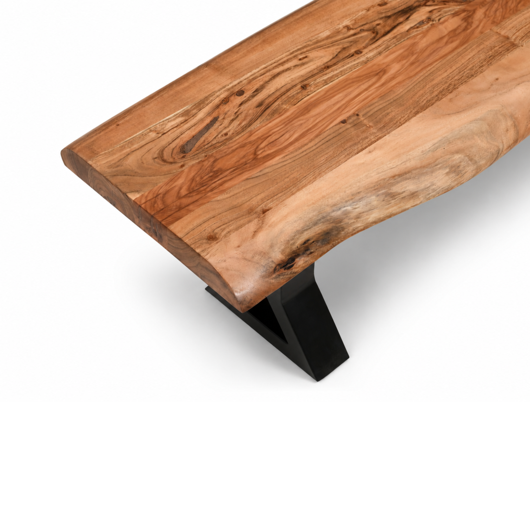 Close-up detail of live edge acacia wood top on Dune X Legs Bench showing natural grain texture