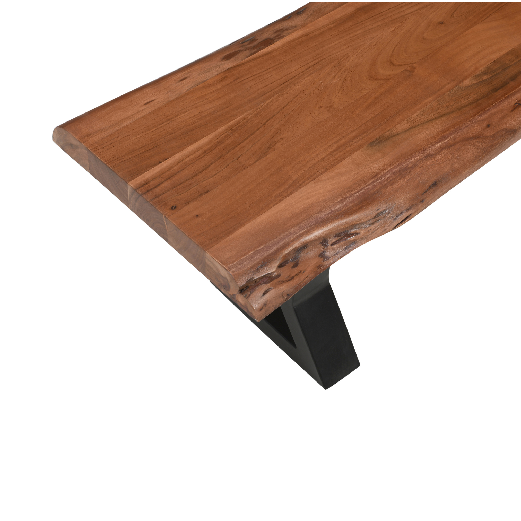 Close-up detail of Ember live edge acacia bench top showcasing natural wood grain and handcrafted finish