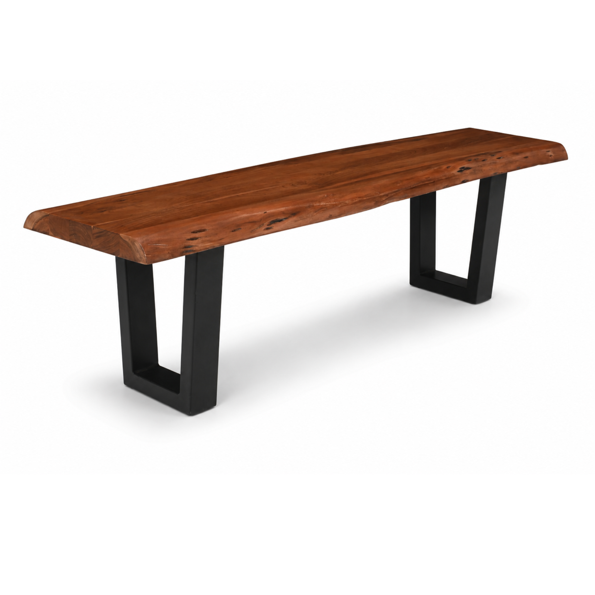 Angled view of Ember U Legs Live Edge Acacia Bench with natural wood grain and black metal legs