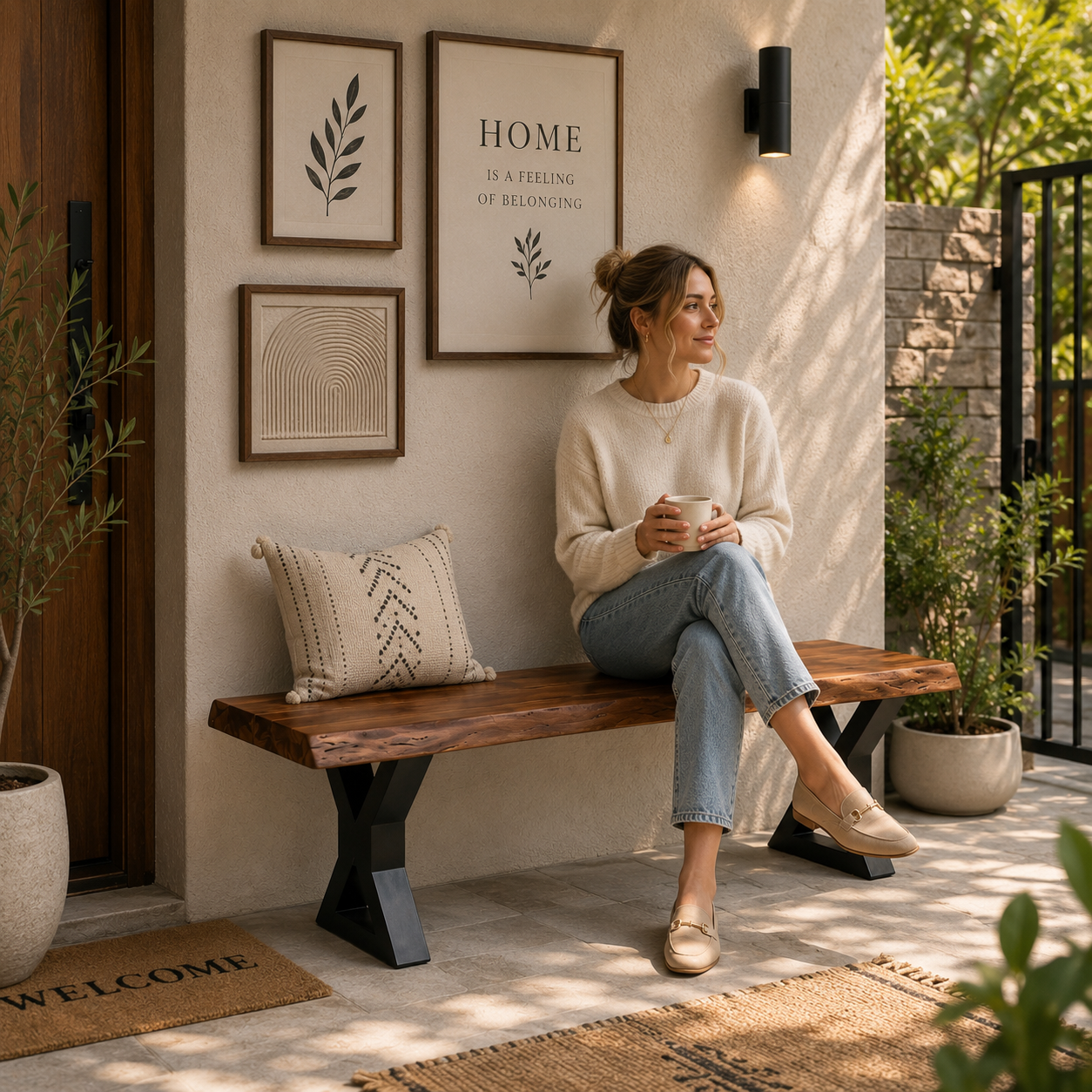 Ember X Legs Live Edge Acacia Bench in natural brown placed in a modern home entryway with wall art, where a woman enjoys a relaxing moment with coffee.