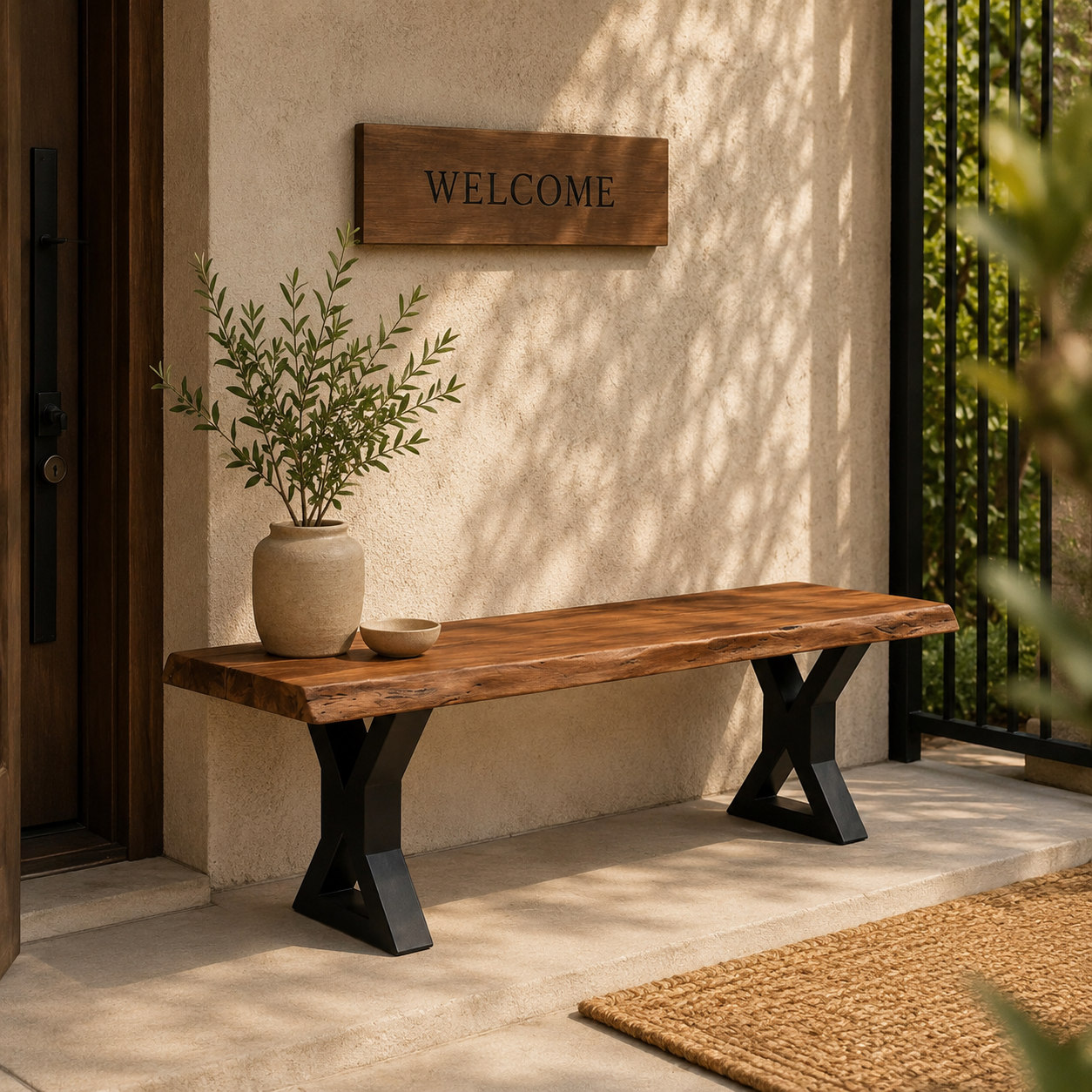Ember X Legs Live Edge Acacia Bench with black metal X legs styled in a modern entryway featuring wall décor, ceramic vase, and natural lighting.