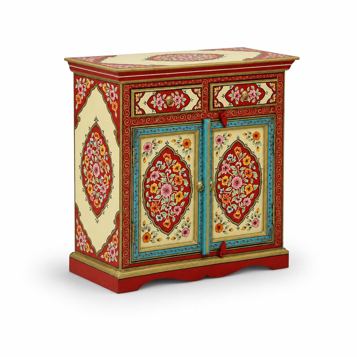 Angled view of Floral Medallion Cabinet showcasing hand-painted side panels and floral artwork.