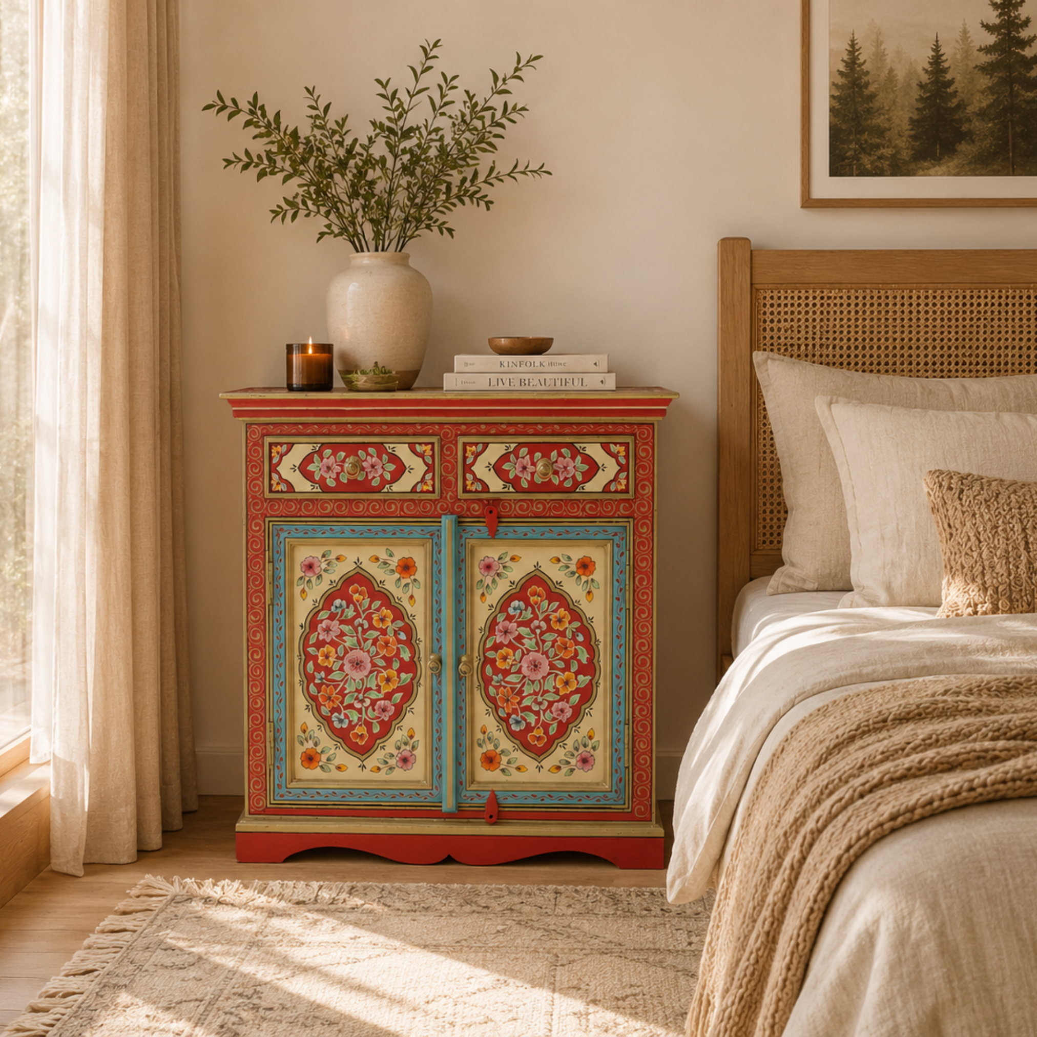Floral Medallion Cabinet styled as a bedside storage cabinet in a warm and elegant bedroom setting.