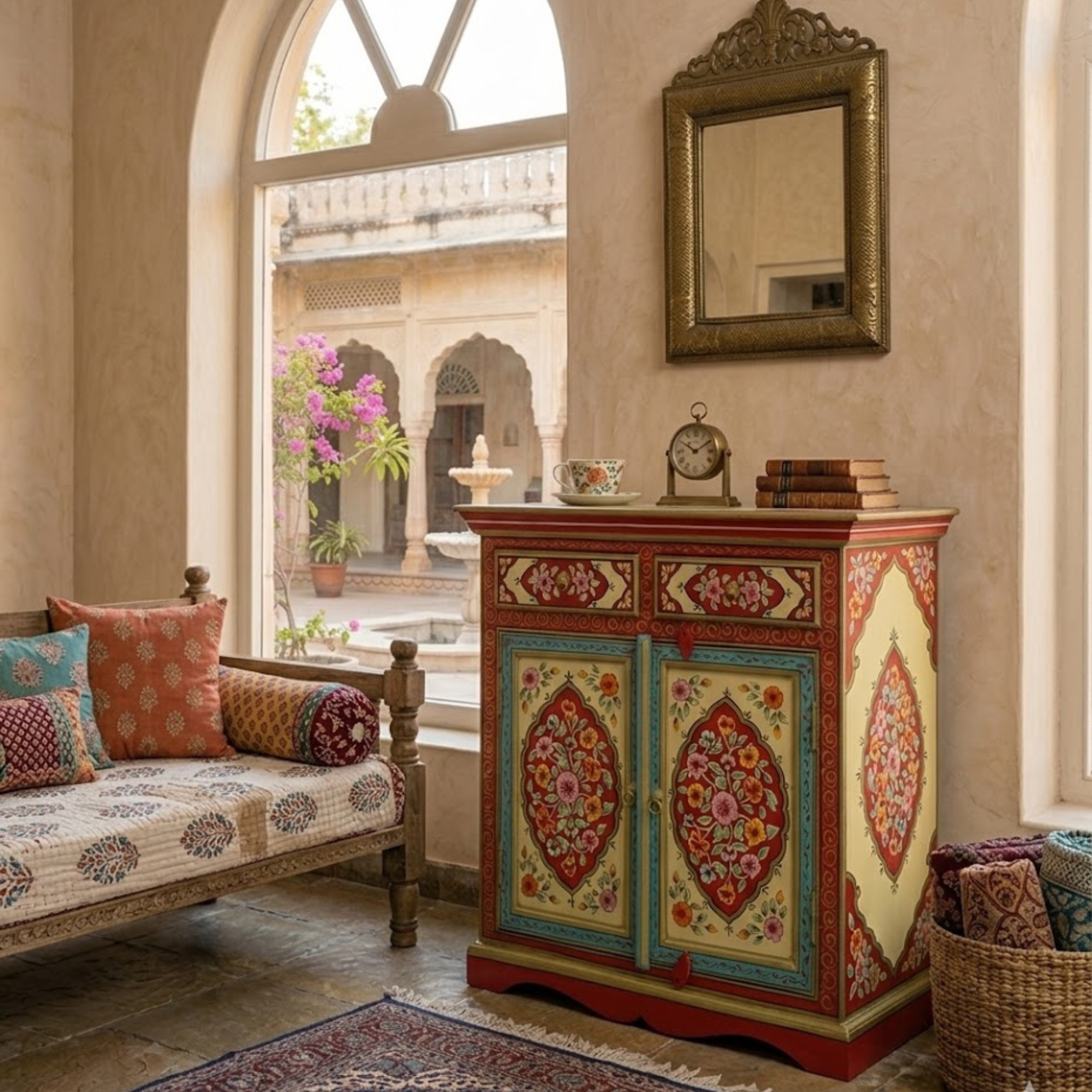 Floral Medallion Cabinet styled as a bedside storage cabinet in a warm and elegant bedroom setting.