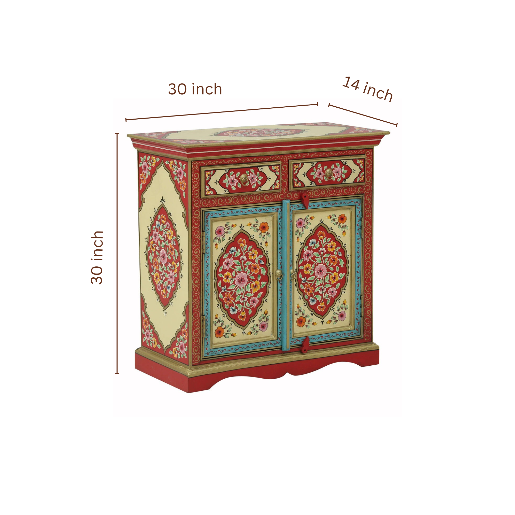 Floral Medallion Cabinet dimensions showing 30-inch width, 14-inch depth, and 30-inch height.