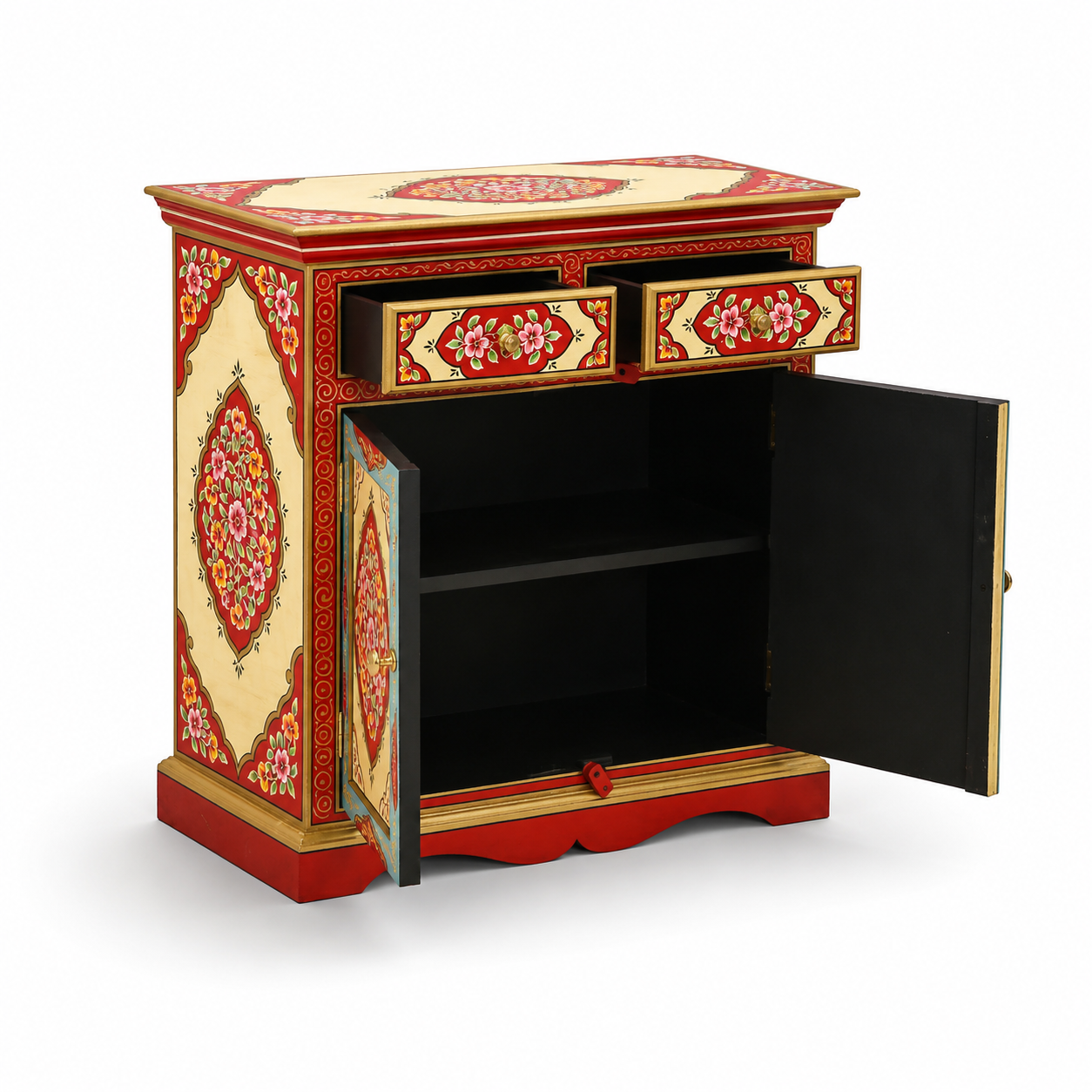 Floral Medallion Cabinet with drawers open and cabinet doors opened, revealing spacious interior storage shelves.