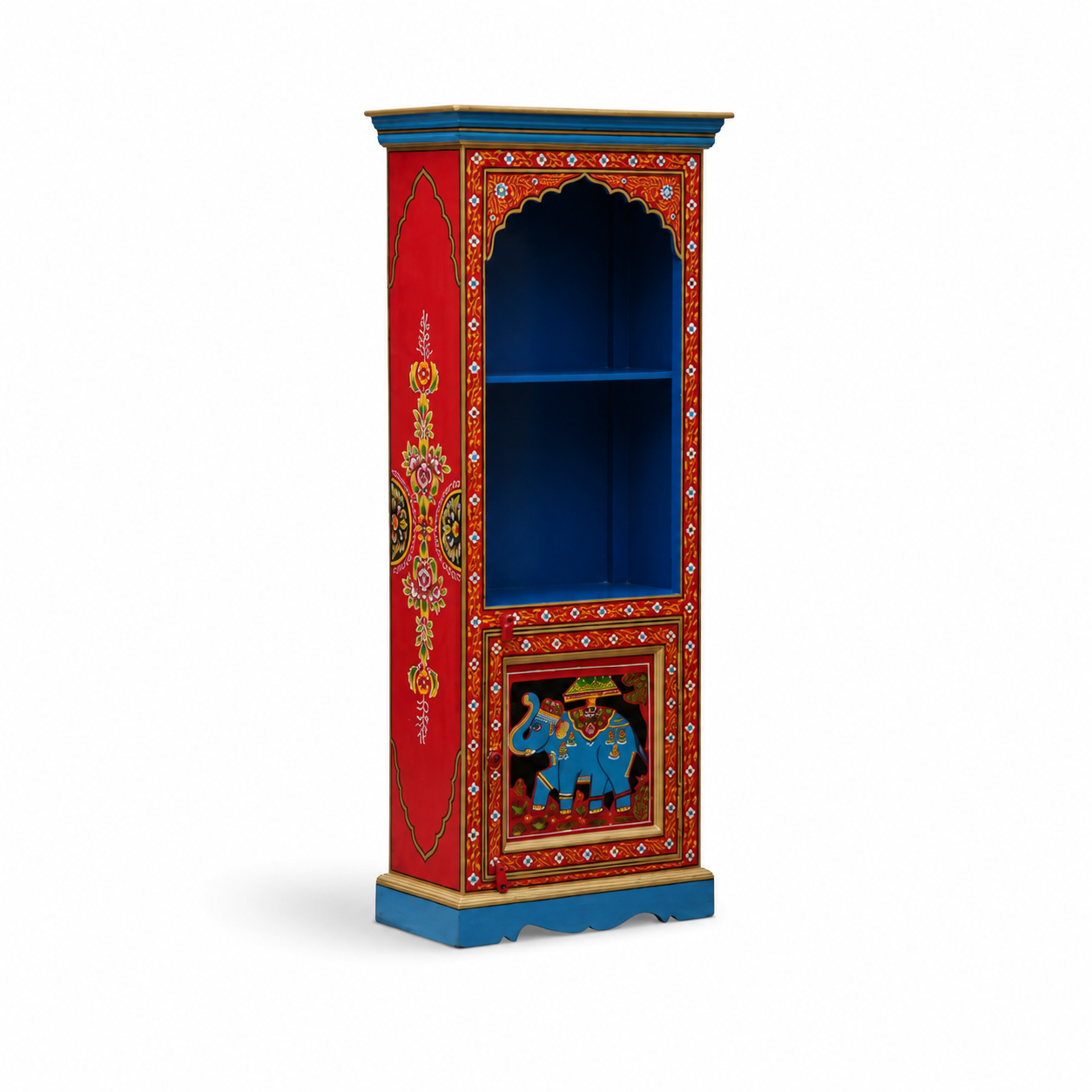 Angled view of Folk Arch Vintage Bookshelf showcasing traditional hand-painted motifs, arch design, and lower storage cabinet.